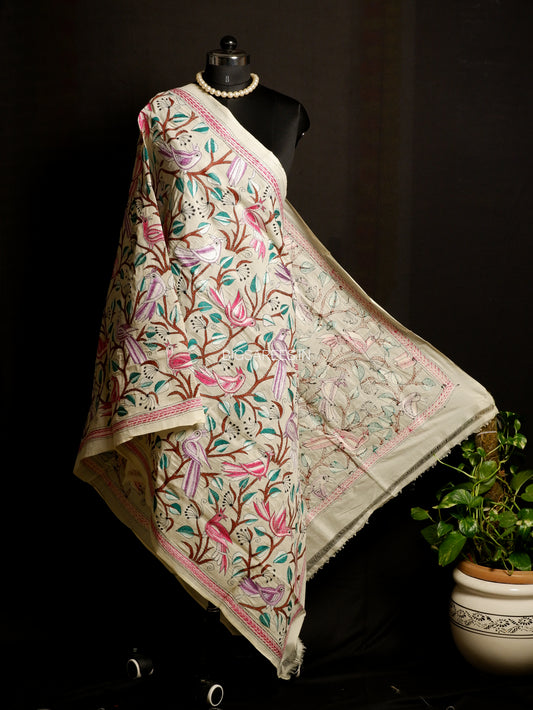 Kantha Hand-Embroidered Dupatta | Semi Tussar Silk | Full Work | Off-White