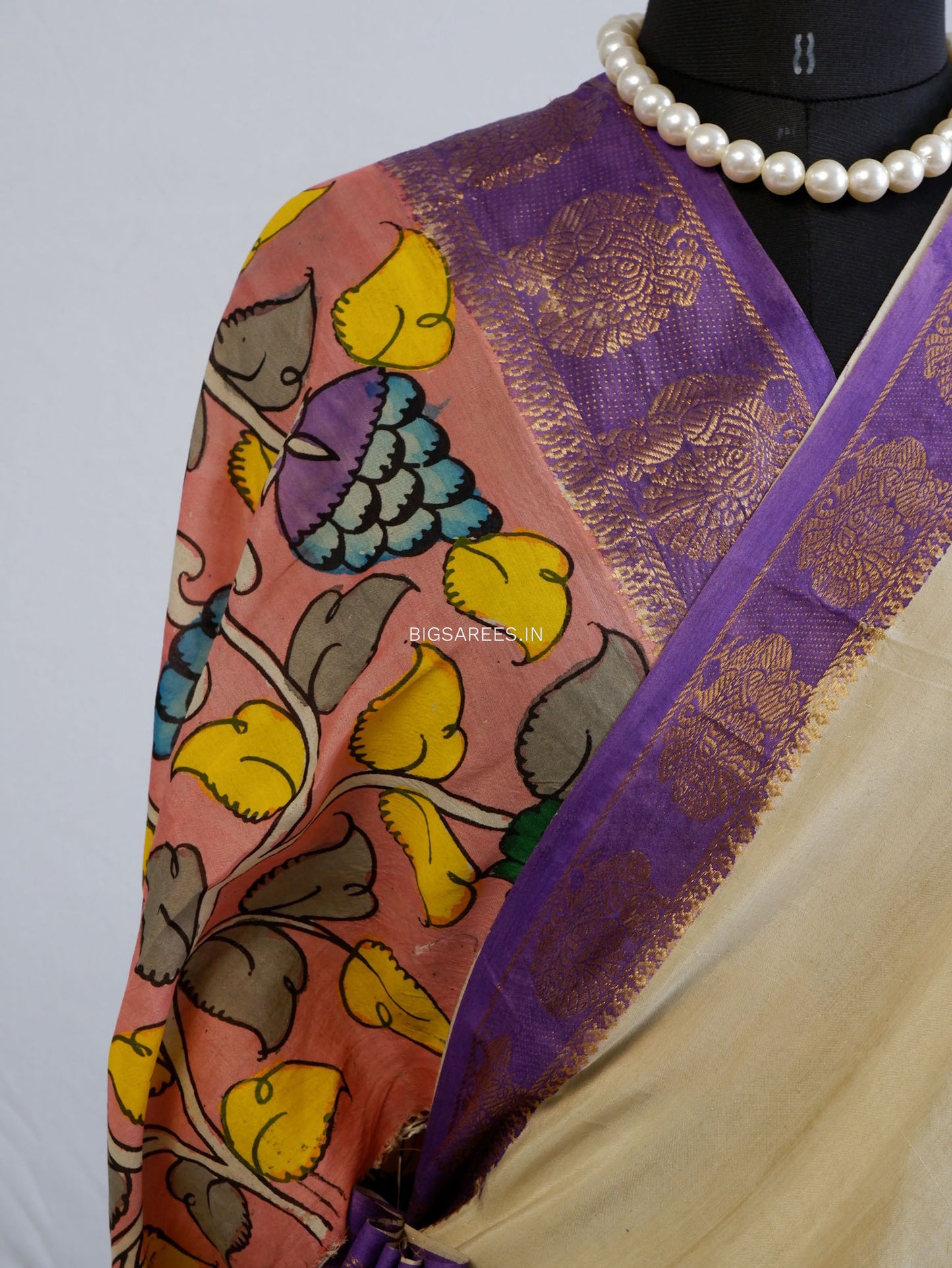 Hand-Painted Kalamkari Saree | Bangalore Silk | Beige