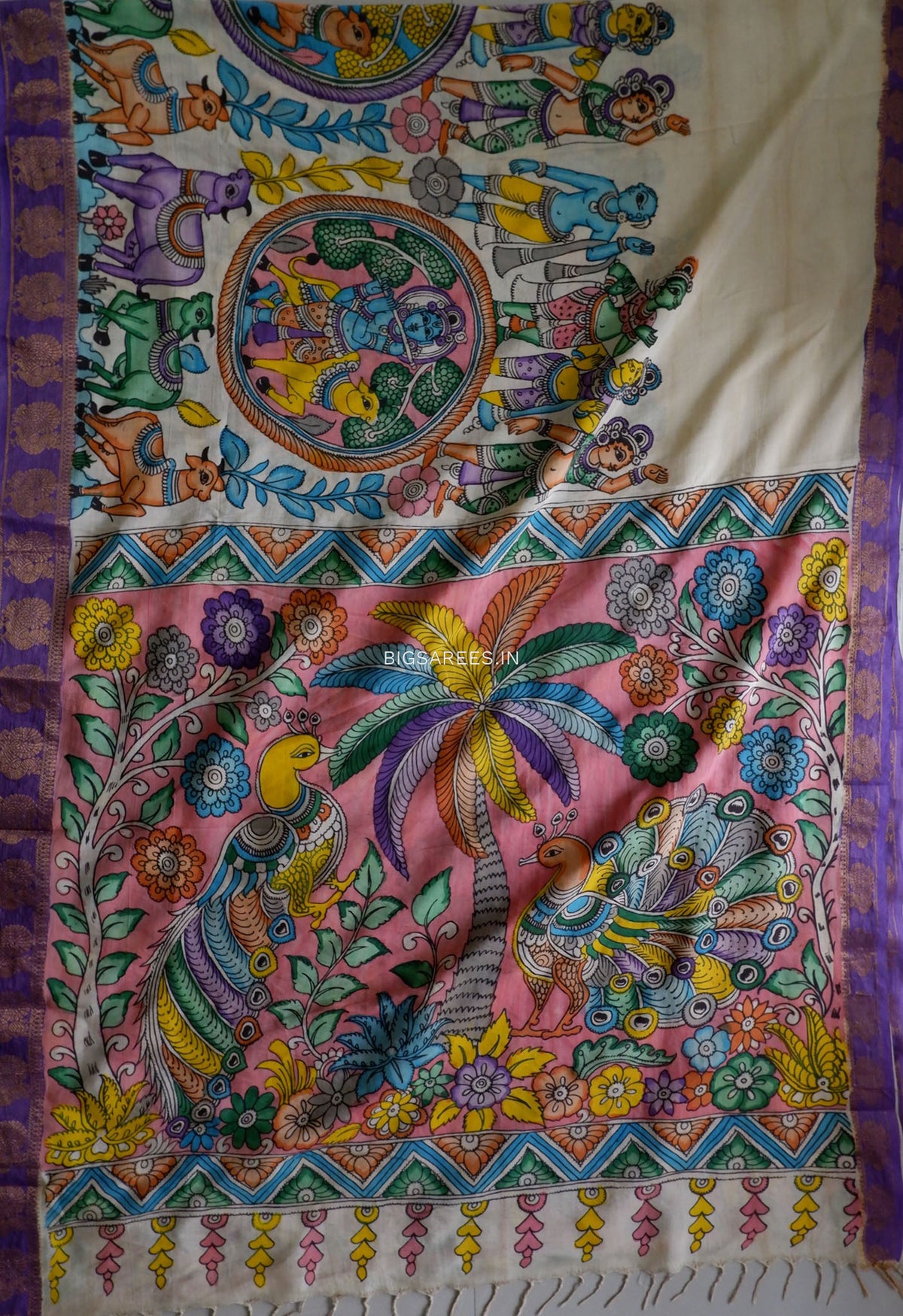 Hand-Painted Kalamkari Saree | Bangalore Silk | Beige