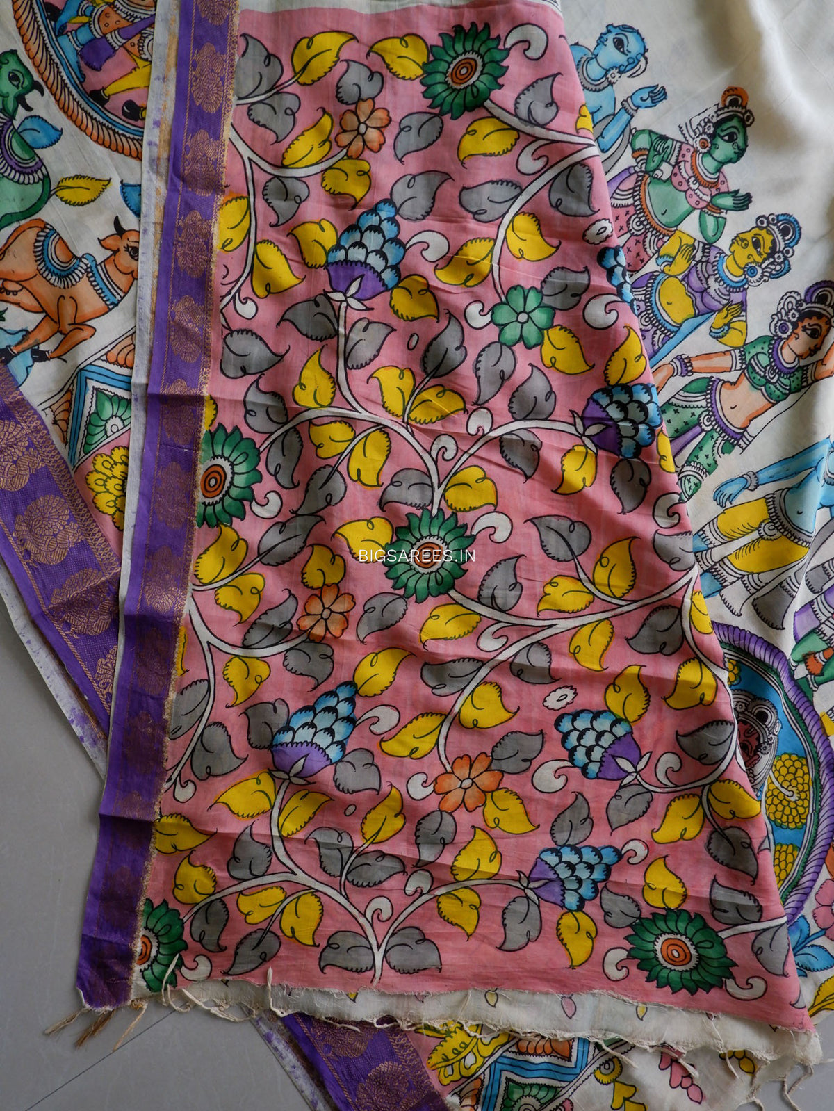 Hand-Painted Kalamkari Saree | Bangalore Silk | Beige