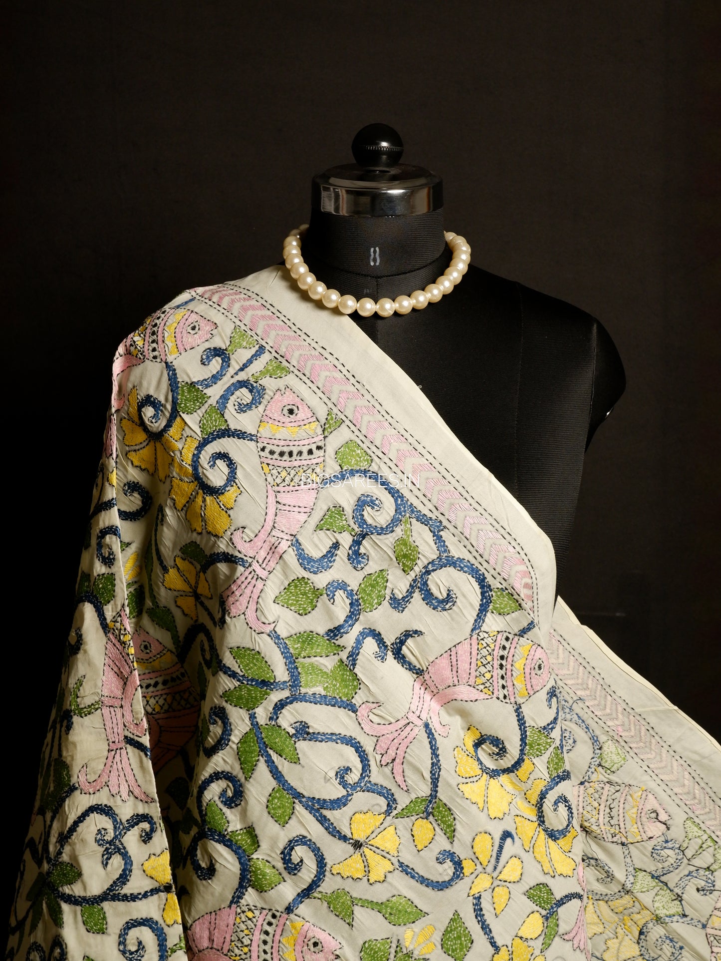 Kantha Hand-Embroidered Dupatta | Semi Tussar Silk | Full Work | Off-White
