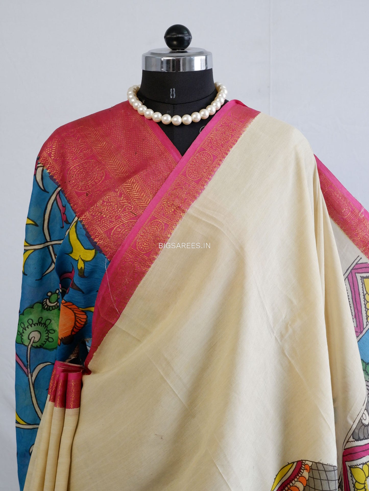 Hand-Painted Kalamkari Saree | Bangalore Silk | Off- White