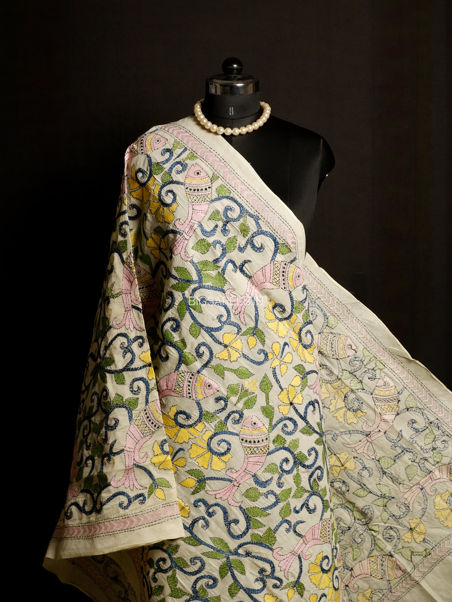 Kantha Hand-Embroidered Dupatta | Semi Tussar Silk | Full Work | Off-White