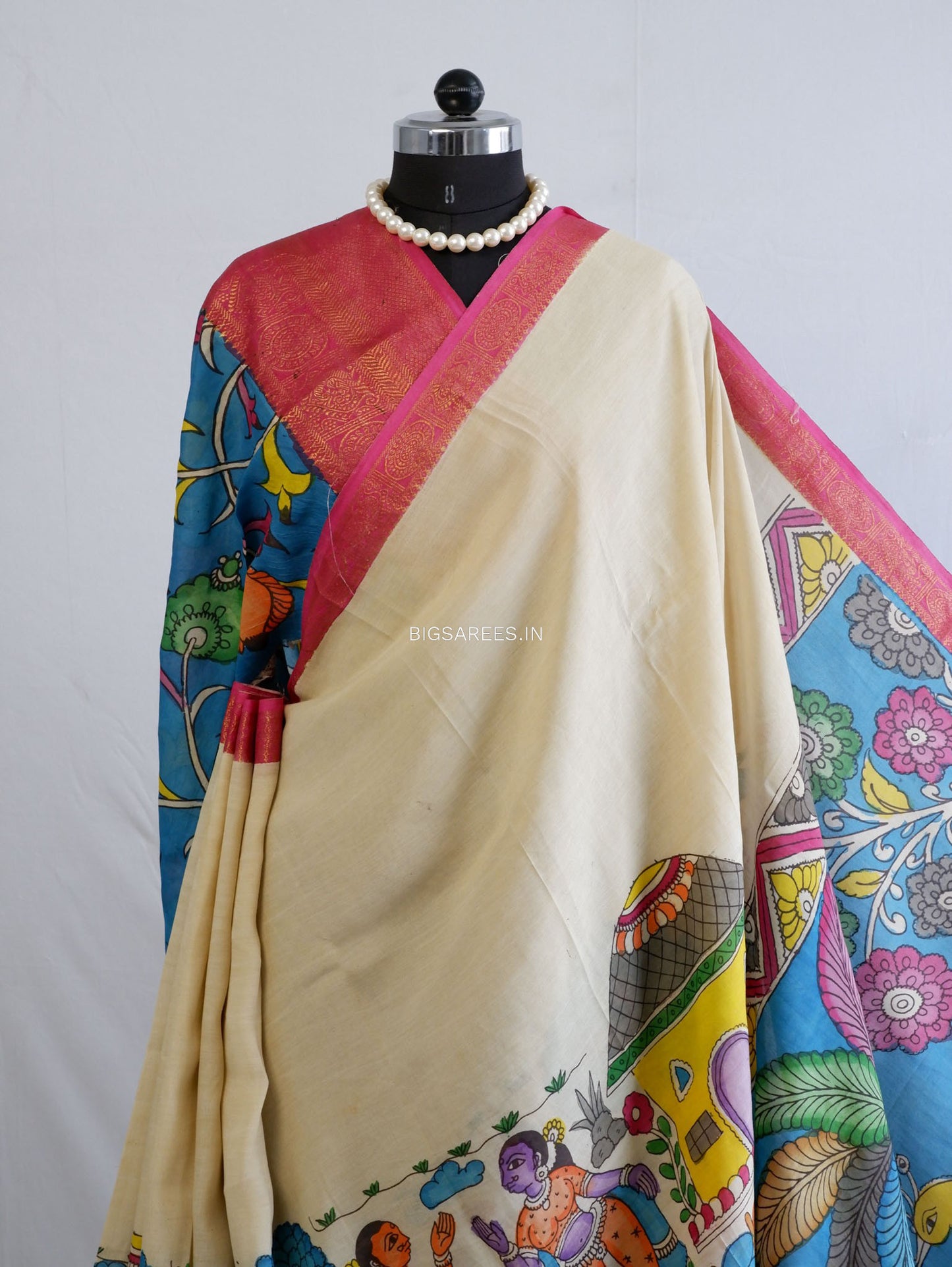 Hand-Painted Kalamkari Saree | Bangalore Silk | Off- White