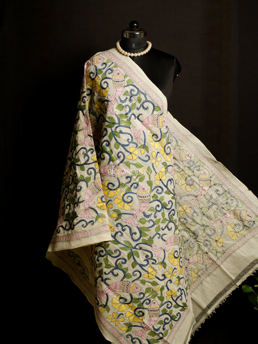 Kantha Hand-Embroidered Dupatta | Semi Tussar Silk | Full Work | Off-White