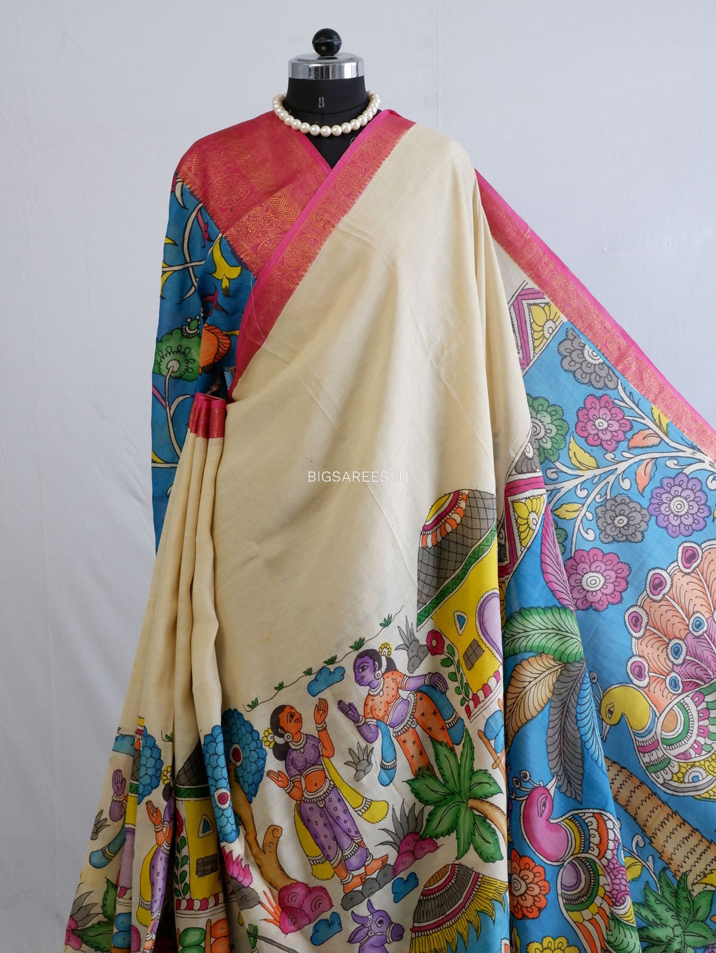 Hand-Painted Kalamkari Saree | Bangalore Silk | Off- White
