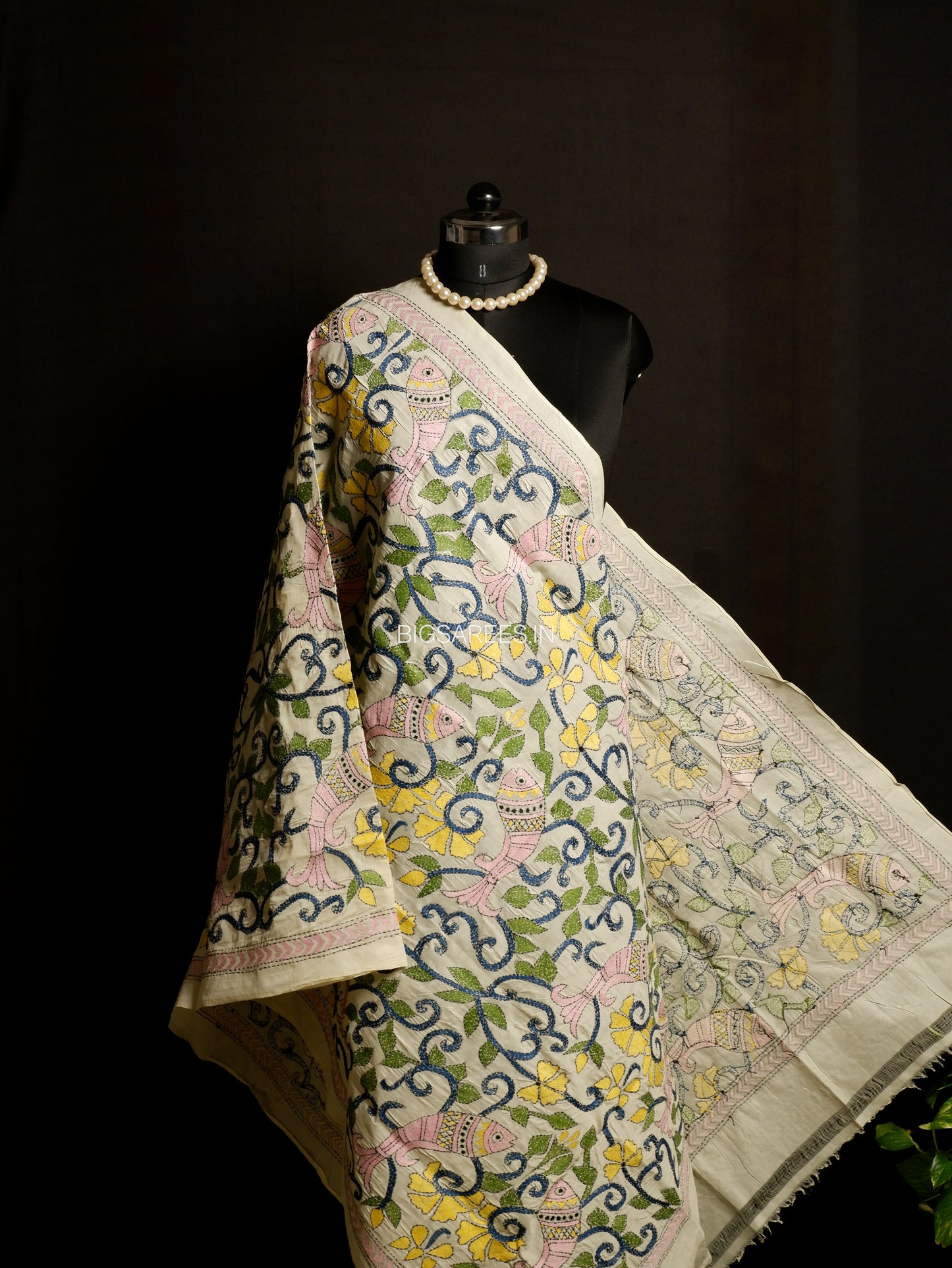 Kantha Hand-Embroidered Dupatta | Semi Tussar Silk | Full Work | Off-White