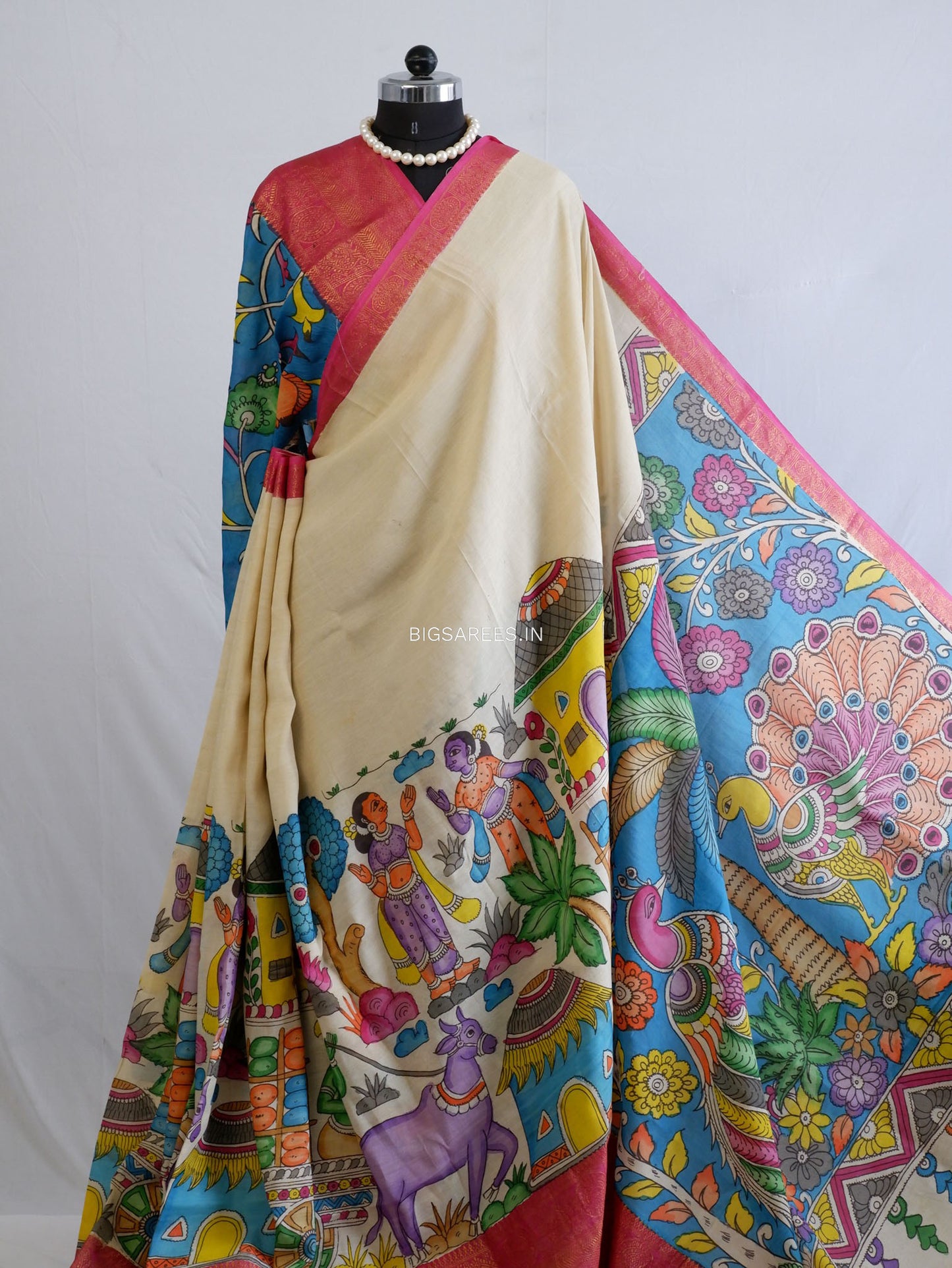 Hand-Painted Kalamkari Saree | Bangalore Silk | Off- White