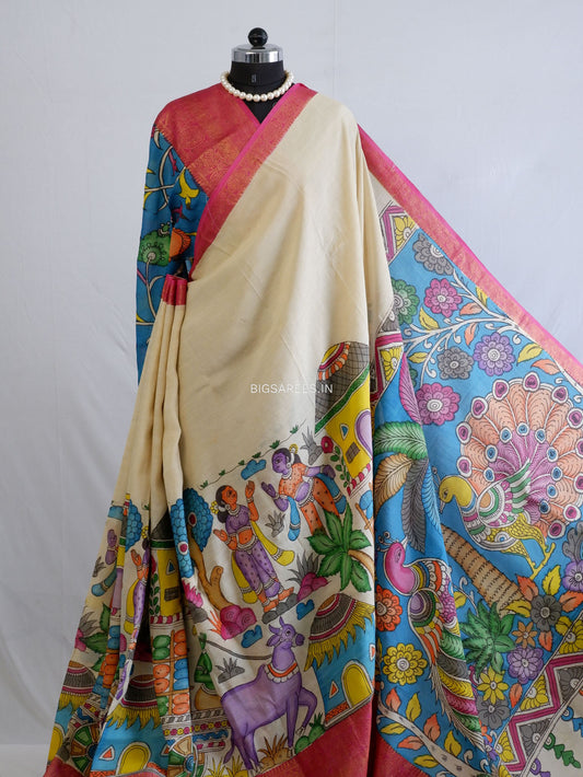 Hand-Painted Kalamkari Saree | Bangalore Silk | Off- White