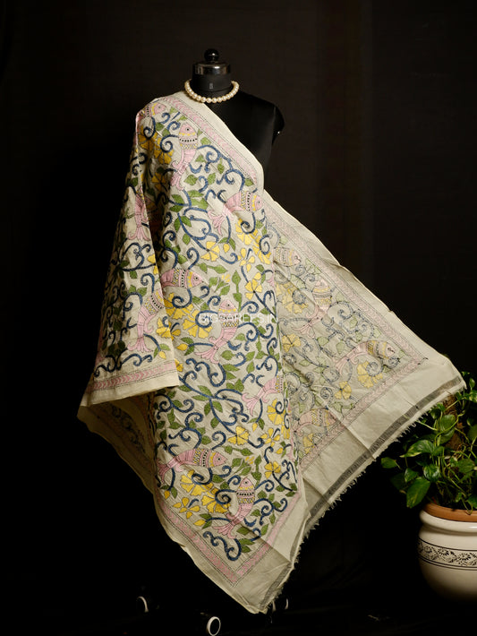 Kantha Hand-Embroidered Dupatta | Semi Tussar Silk | Full Work | Off-White