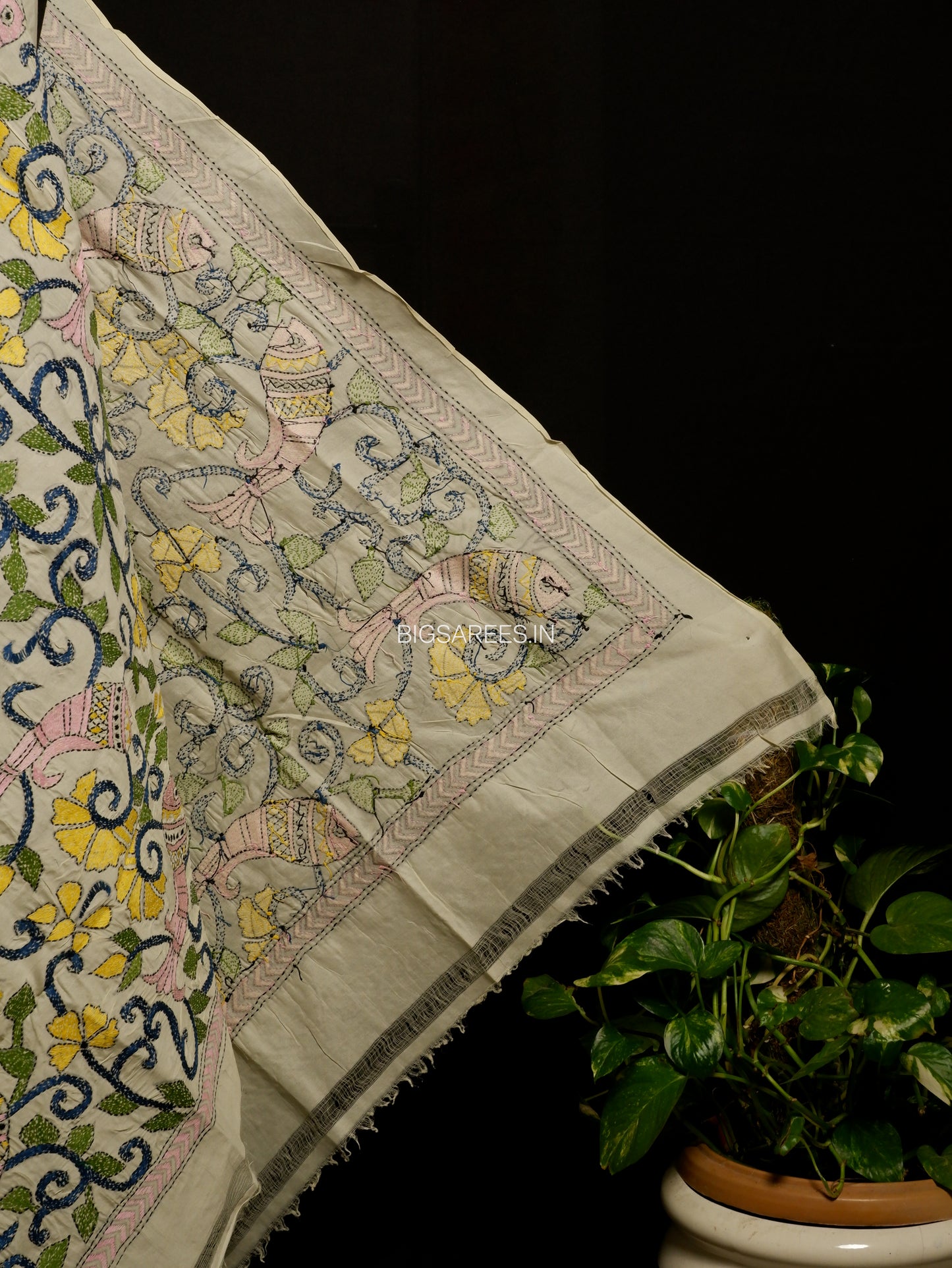 Kantha Hand-Embroidered Dupatta | Semi Tussar Silk | Full Work | Off-White