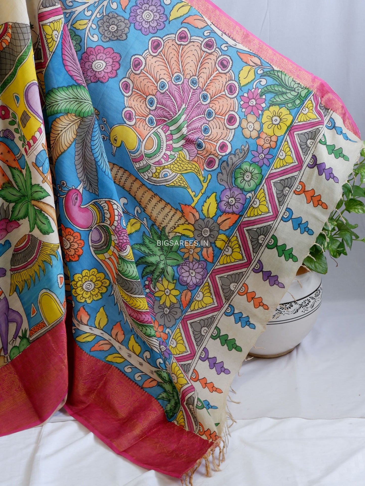 Hand-Painted Kalamkari Saree | Bangalore Silk | Off- White
