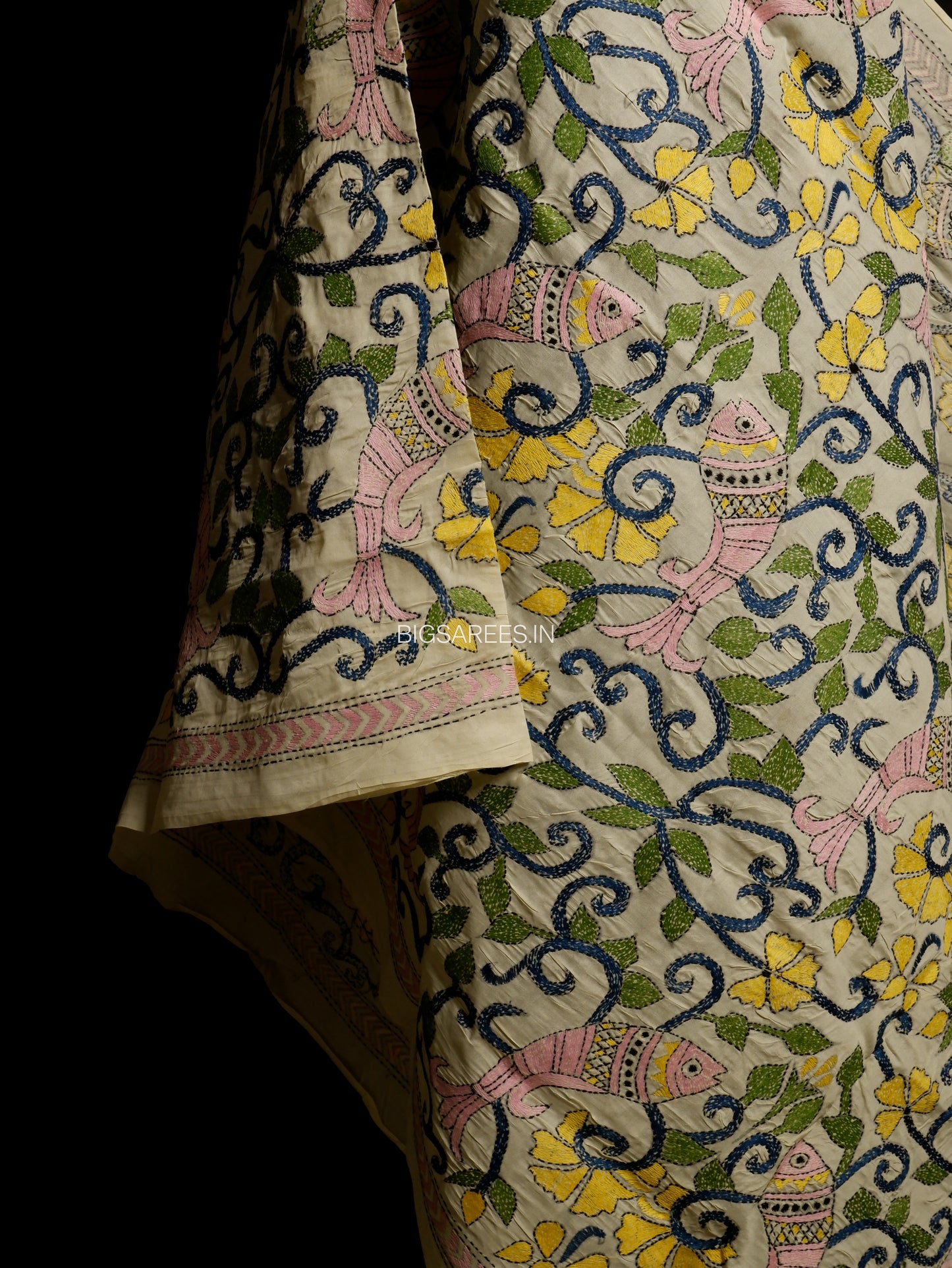 Kantha Hand-Embroidered Dupatta | Semi Tussar Silk | Full Work | Off-White