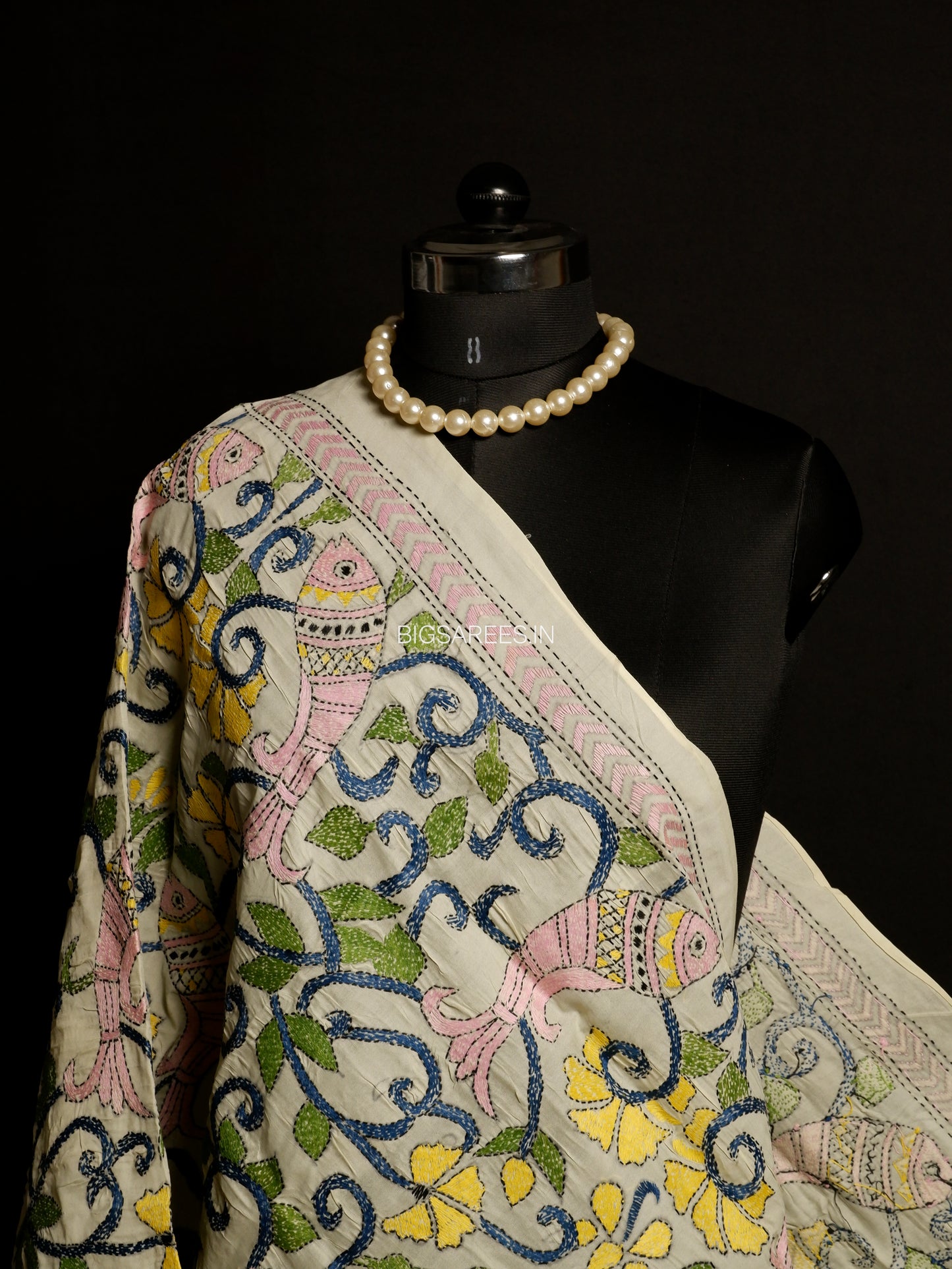 Kantha Hand-Embroidered Dupatta | Semi Tussar Silk | Full Work | Off-White