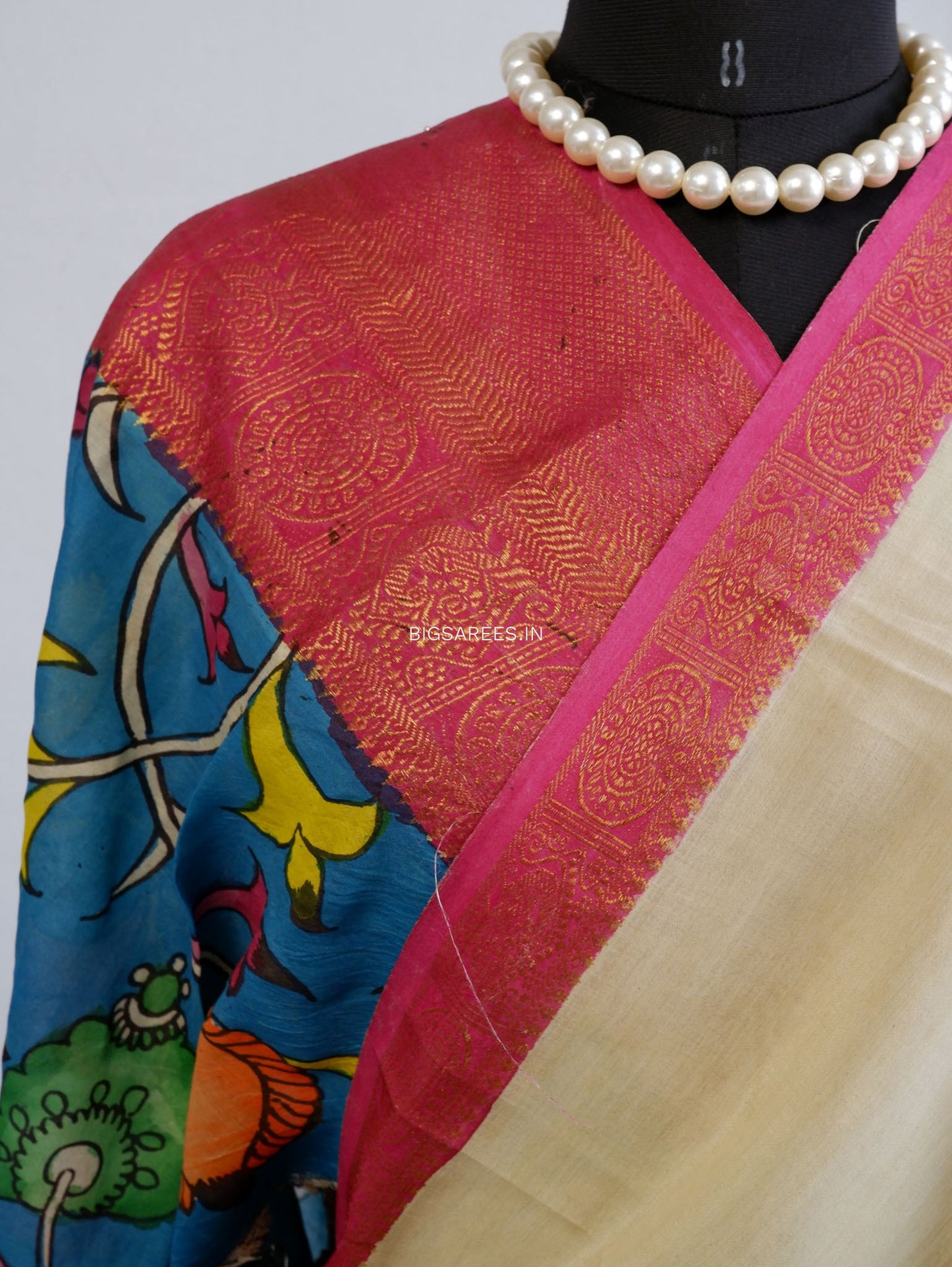 Hand-Painted Kalamkari Saree | Bangalore Silk | Off- White