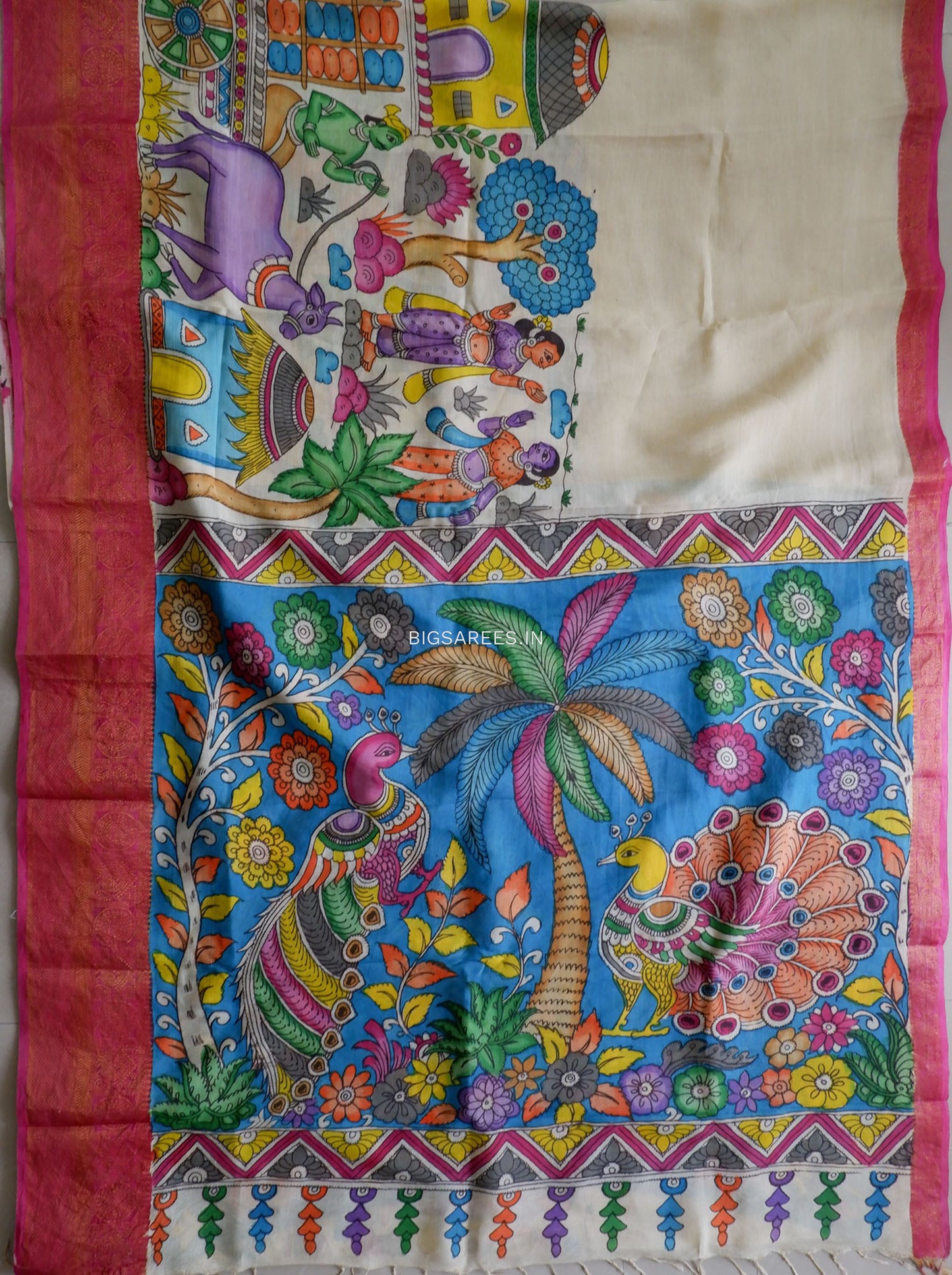 Hand-Painted Kalamkari Saree | Bangalore Silk | Off- White