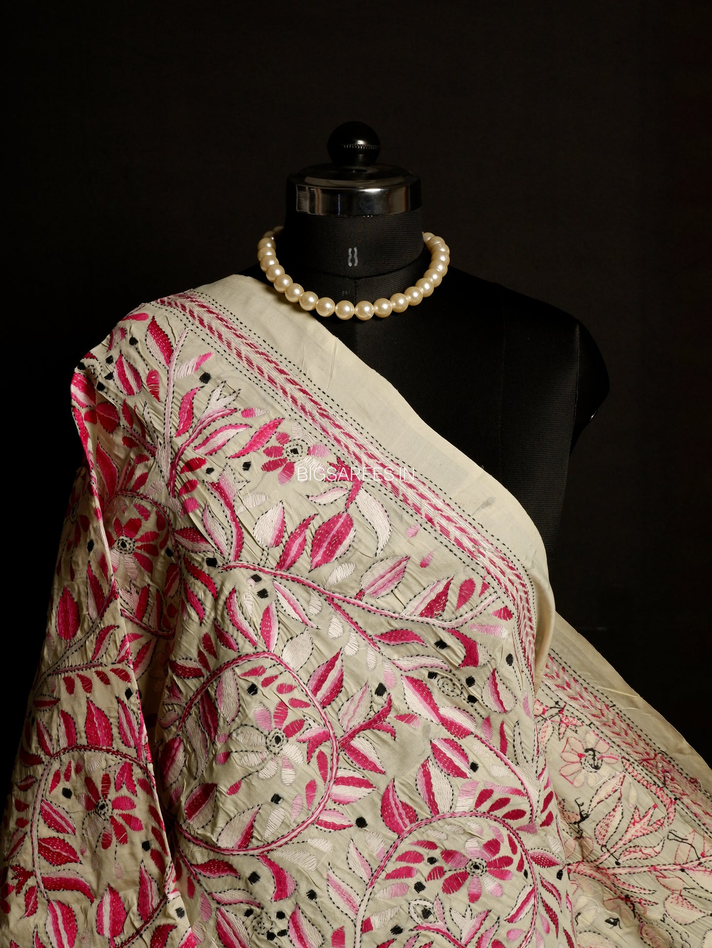Kantha Hand-Embroidered Dupatta | Semi Tussar Silk | Full Work | Off-White