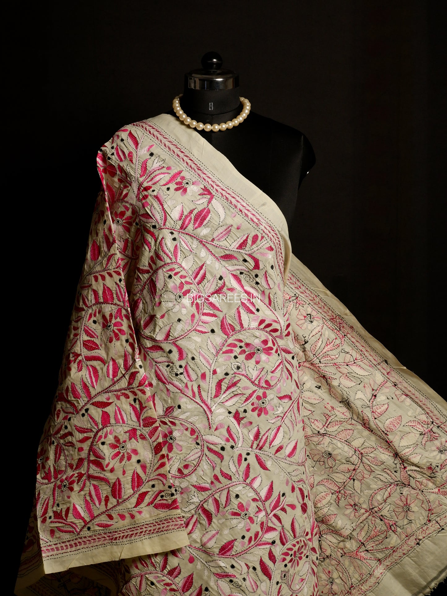 Kantha Hand-Embroidered Dupatta | Semi Tussar Silk | Full Work | Off-White