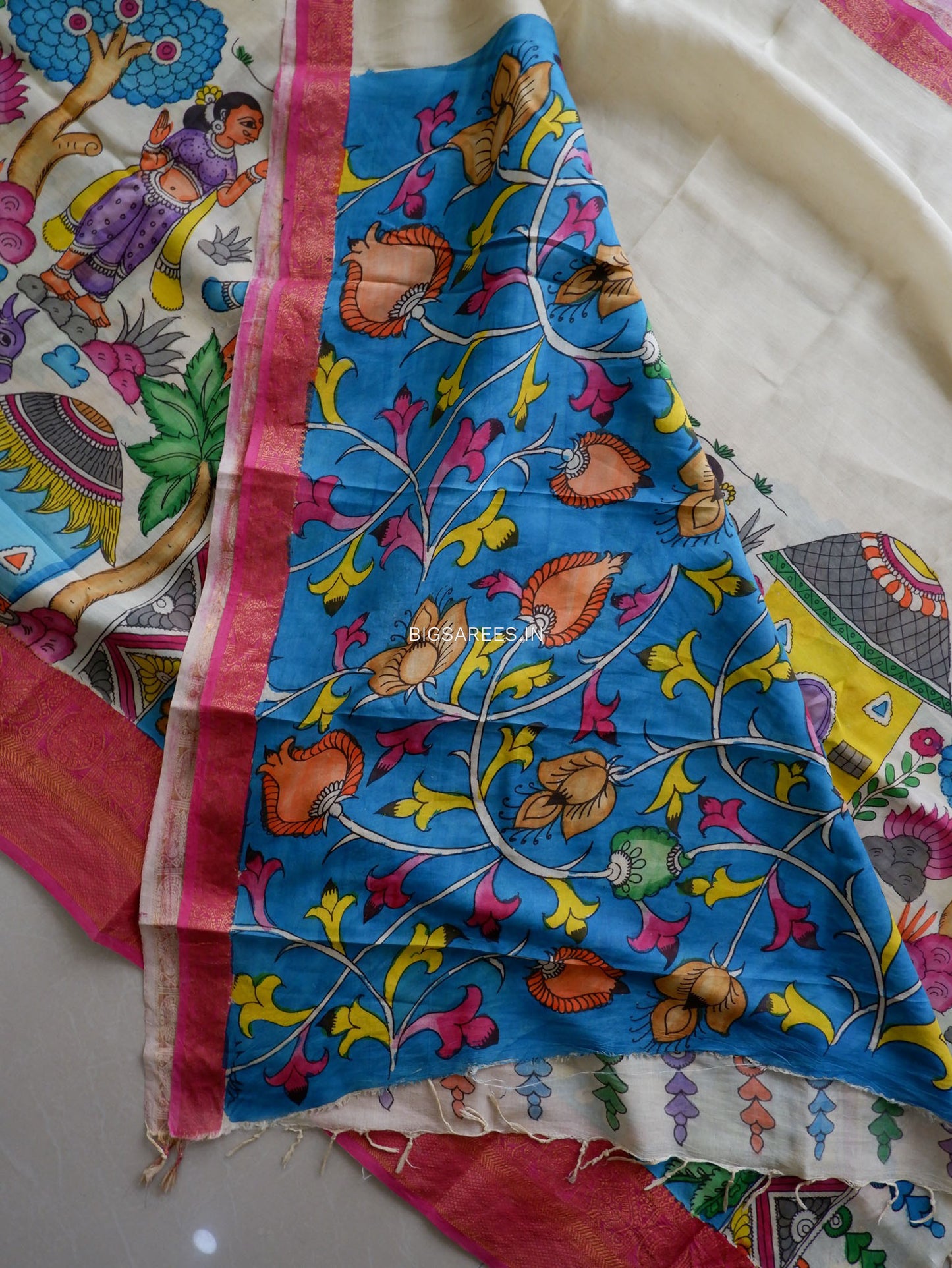 Hand-Painted Kalamkari Saree | Bangalore Silk | Off- White
