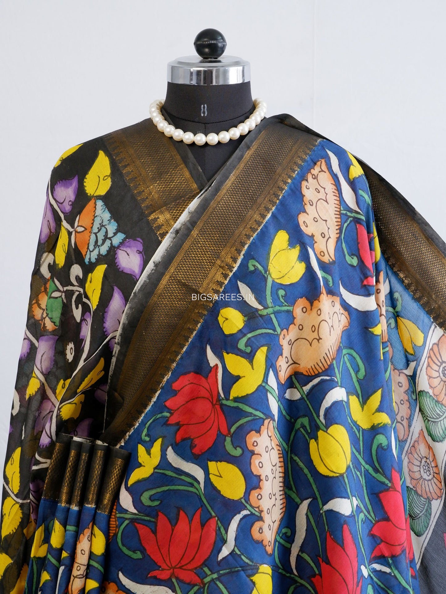 Hand-Painted Kalamkari Saree | Bangalore Silk | Black / Blue