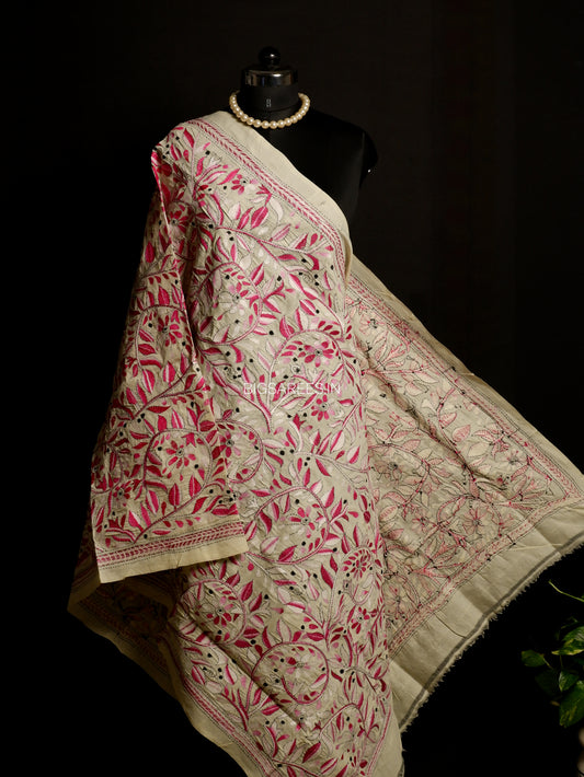 Kantha Hand-Embroidered Dupatta | Semi Tussar Silk | Full Work | Off-White