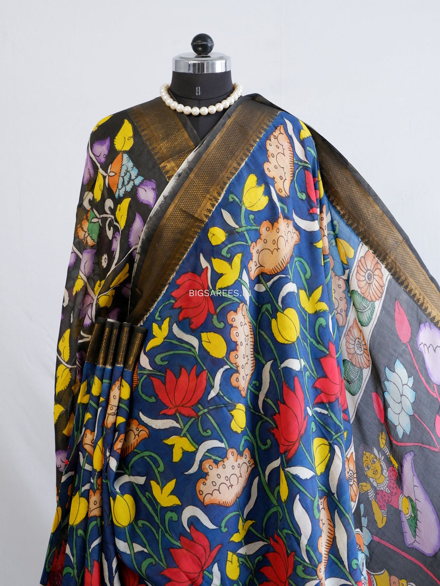 Hand-Painted Kalamkari Saree | Bangalore Silk | Black / Blue