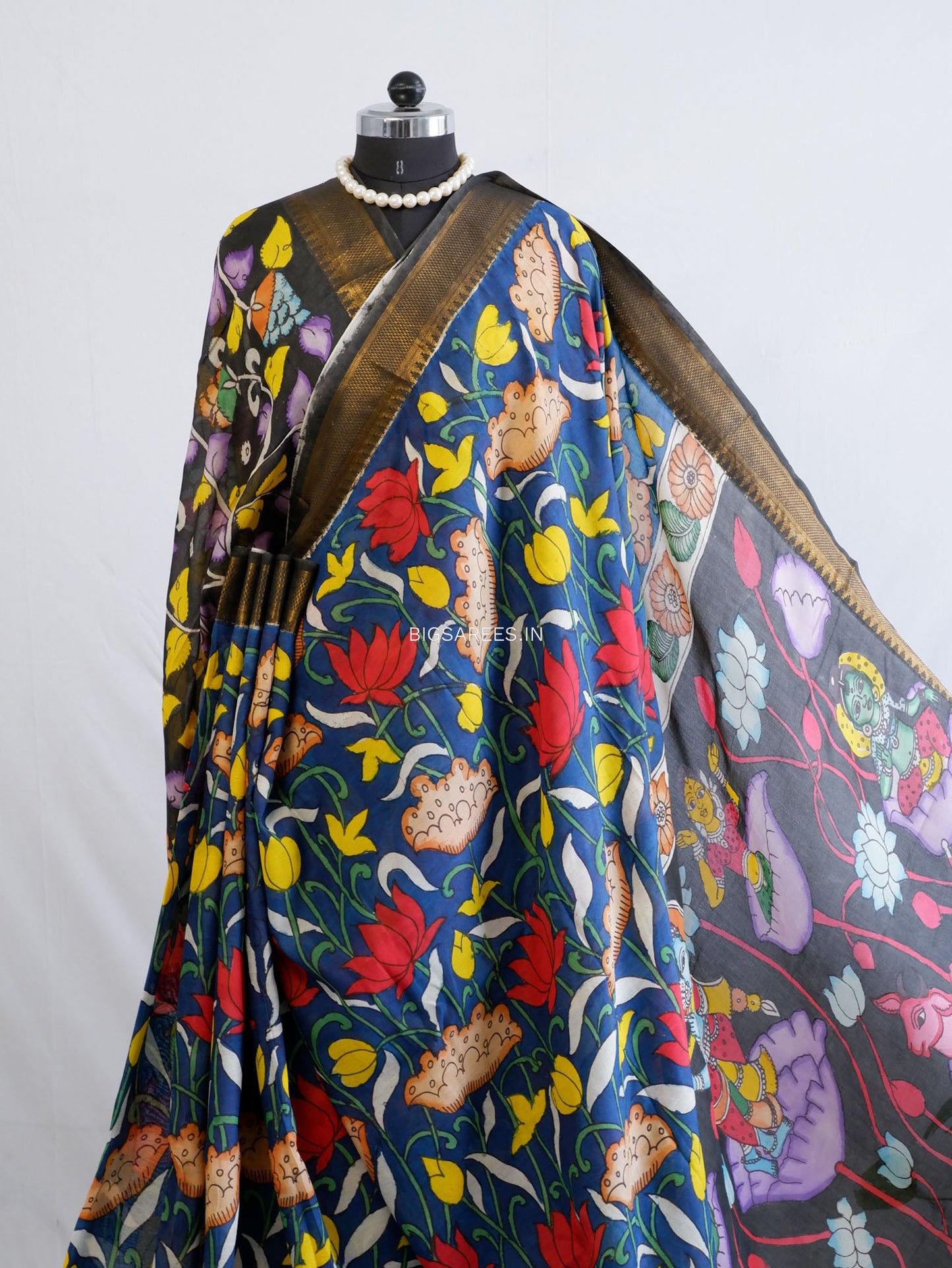 Hand-Painted Kalamkari Saree | Bangalore Silk | Black / Blue