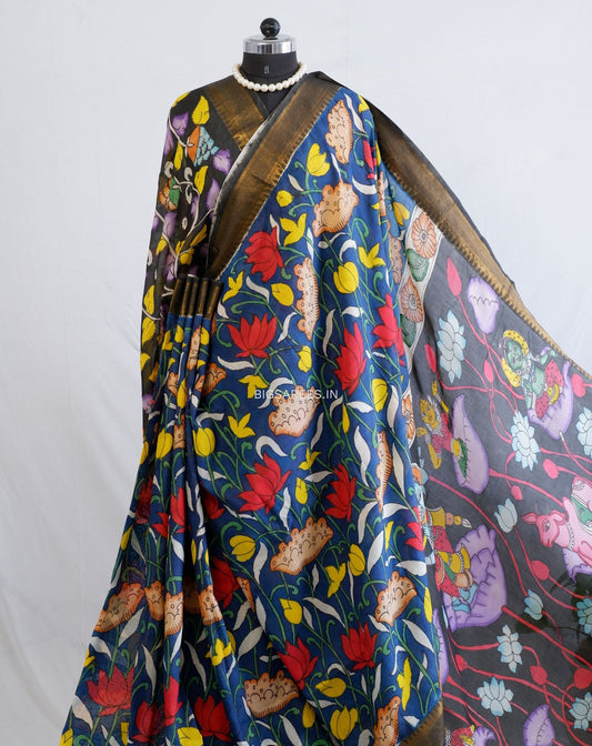 Hand-Painted Kalamkari Saree | Bangalore Silk | Black / Blue