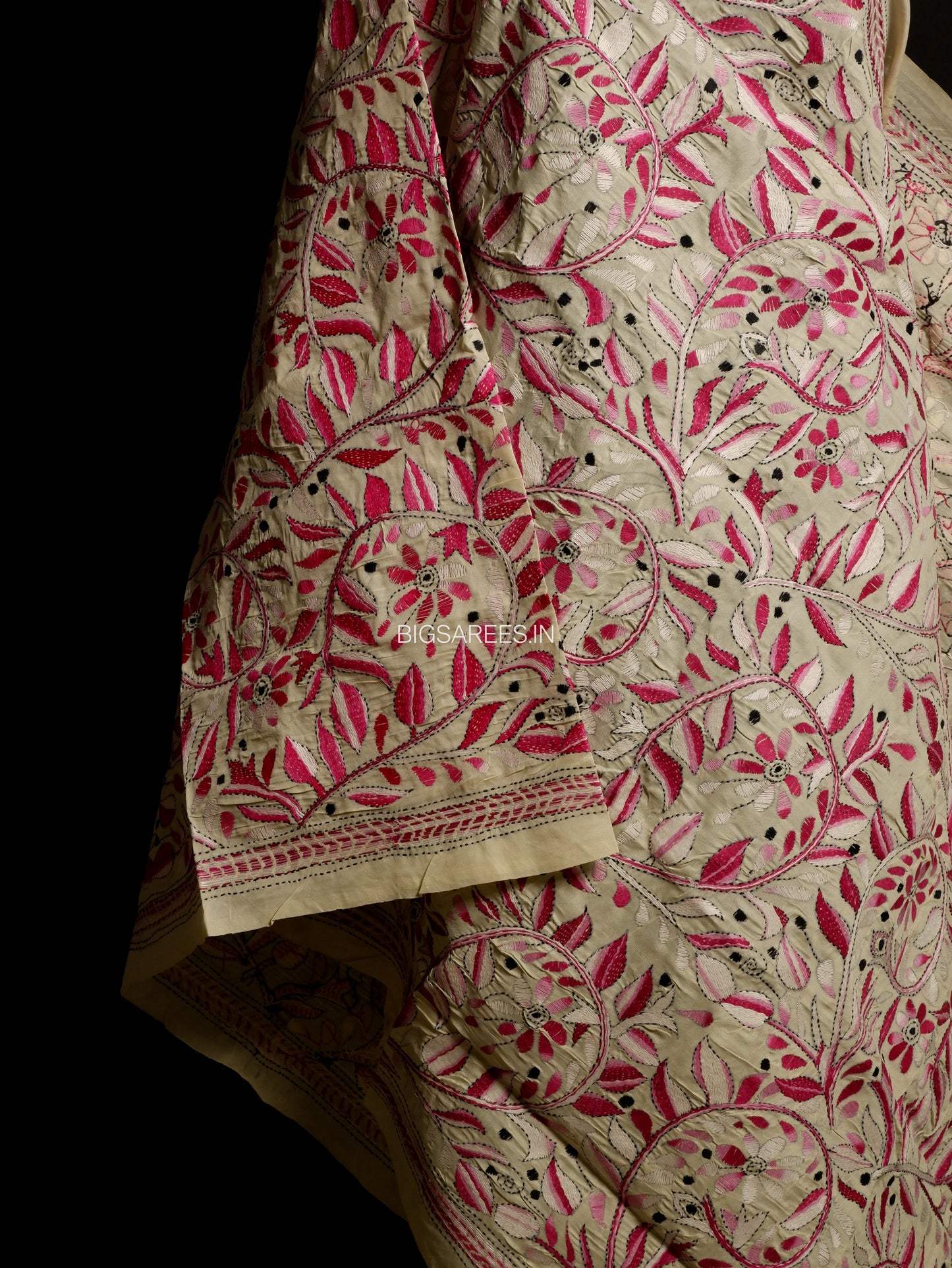 Kantha Hand-Embroidered Dupatta | Semi Tussar Silk | Full Work | Off-White