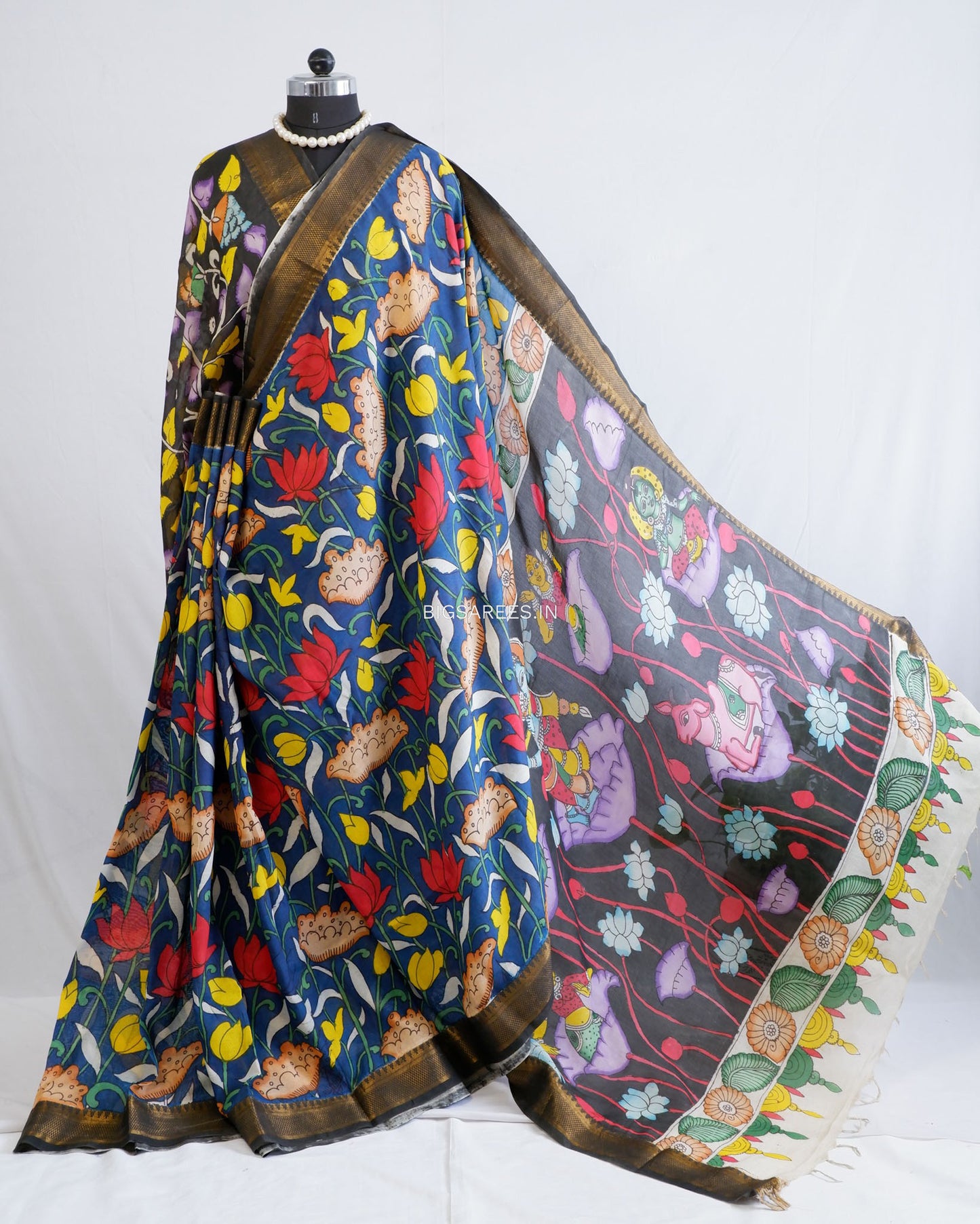 Hand-Painted Kalamkari Saree | Bangalore Silk | Black / Blue