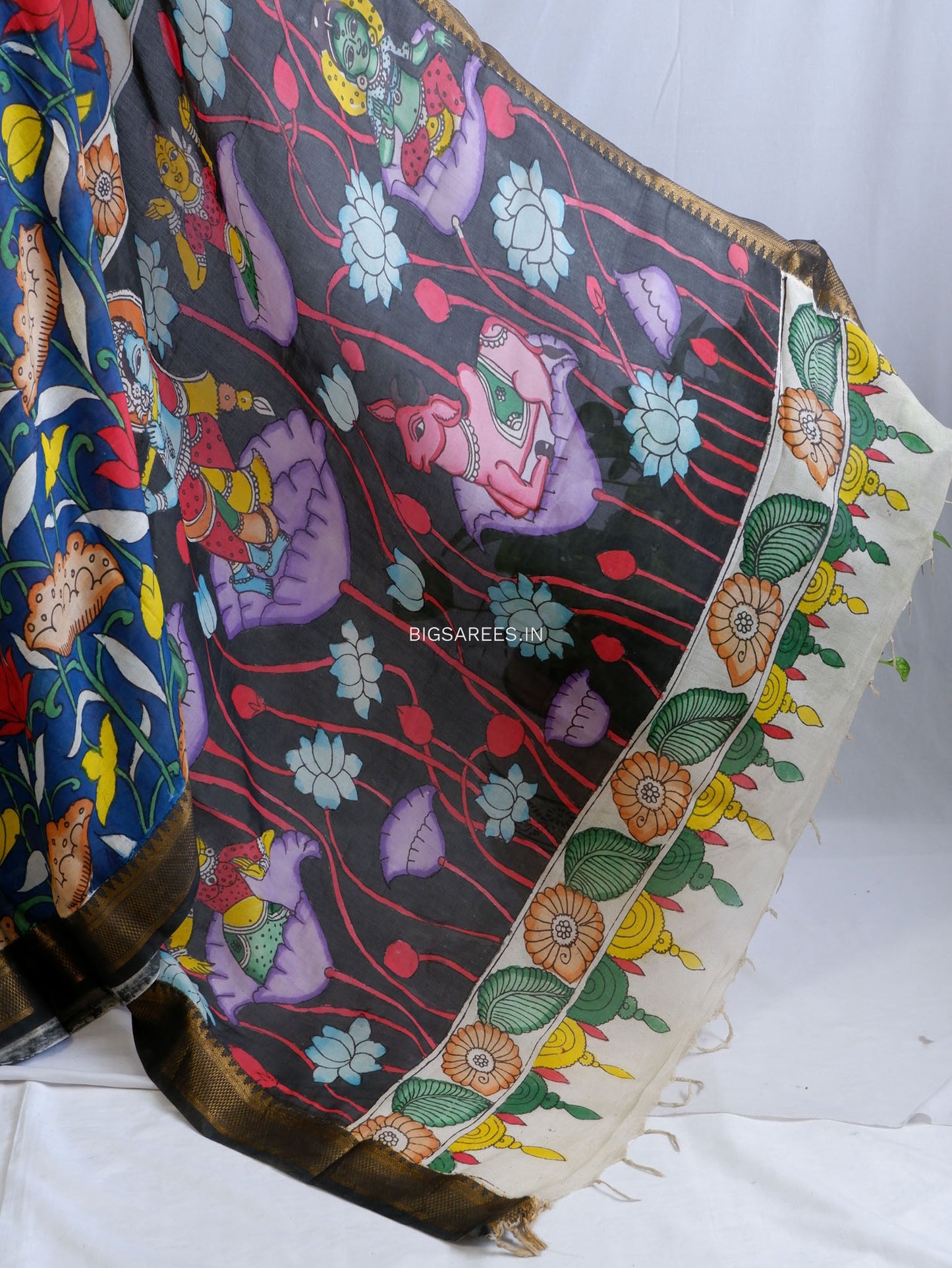 Hand-Painted Kalamkari Saree | Bangalore Silk | Black / Blue