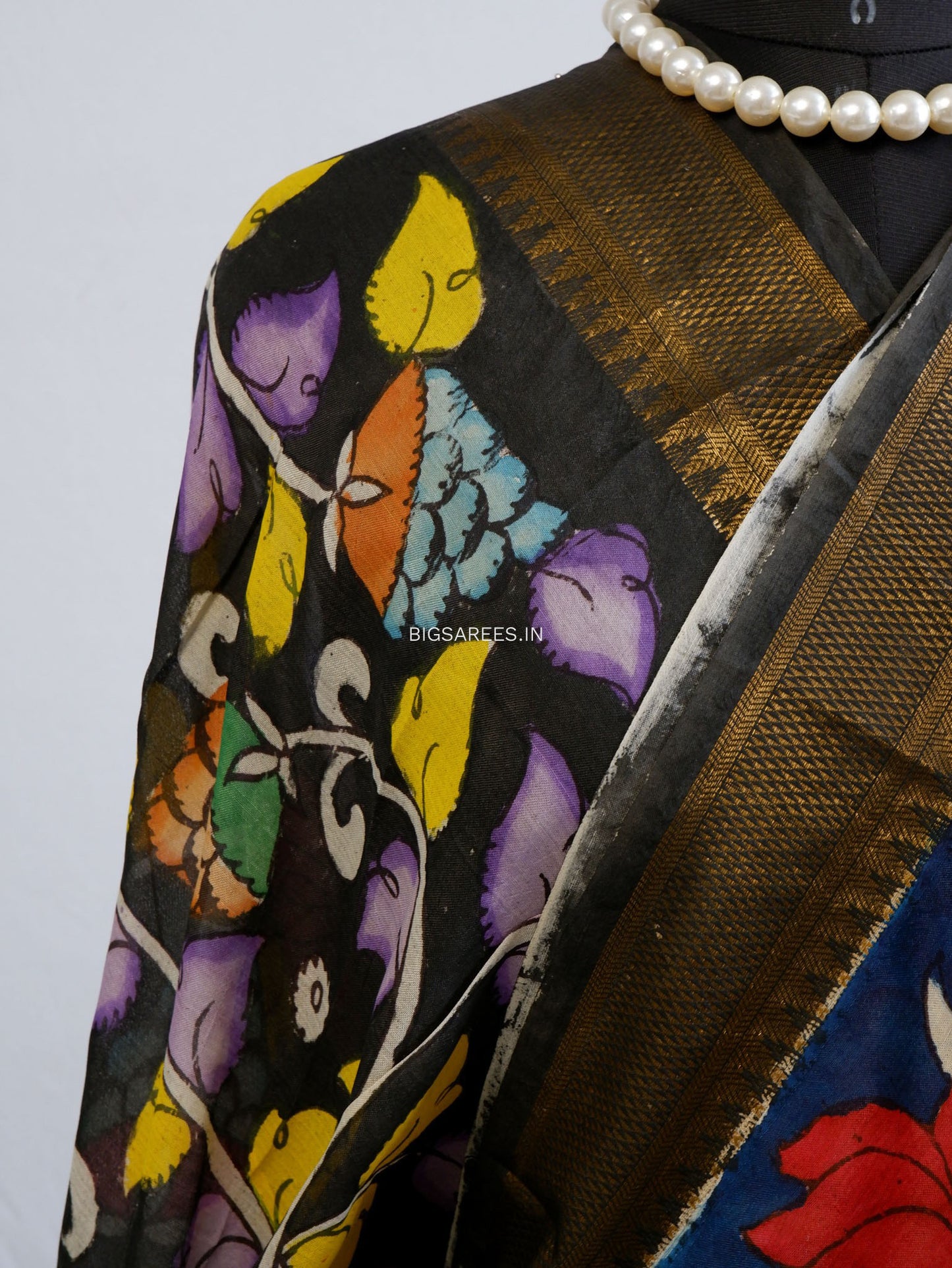 Hand-Painted Kalamkari Saree | Bangalore Silk | Black / Blue