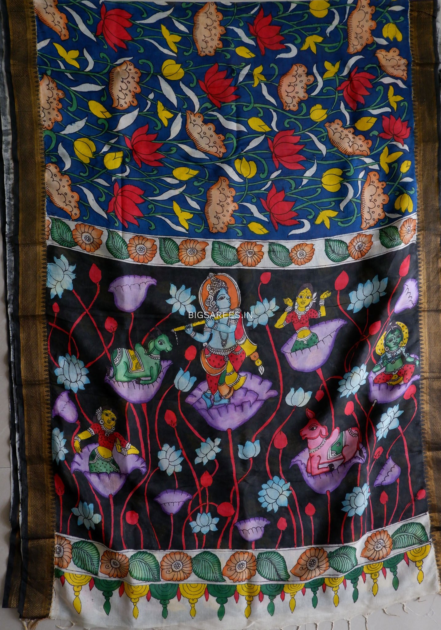 Hand-Painted Kalamkari Saree | Bangalore Silk | Black / Blue