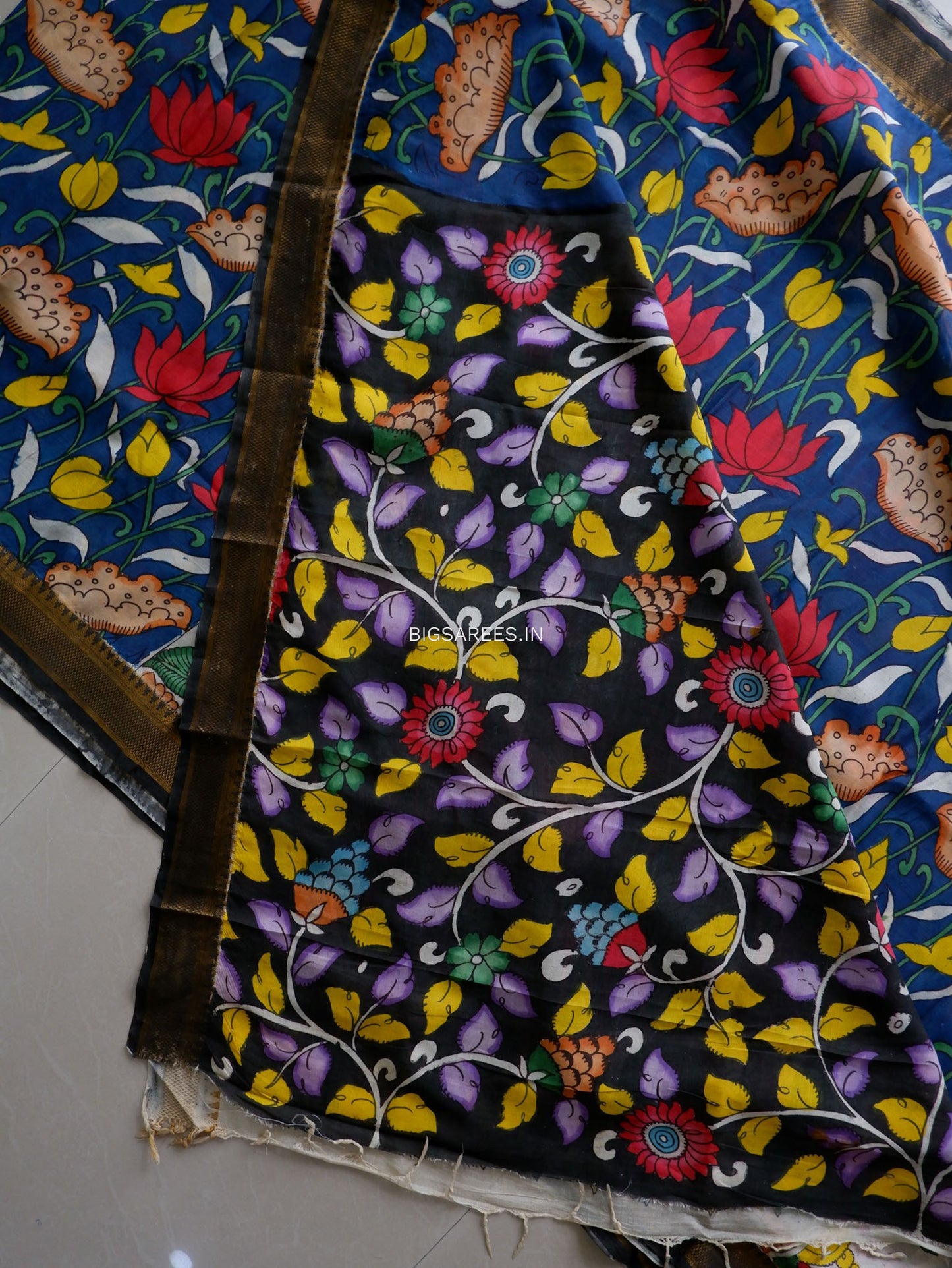 Hand-Painted Kalamkari Saree | Bangalore Silk | Black / Blue