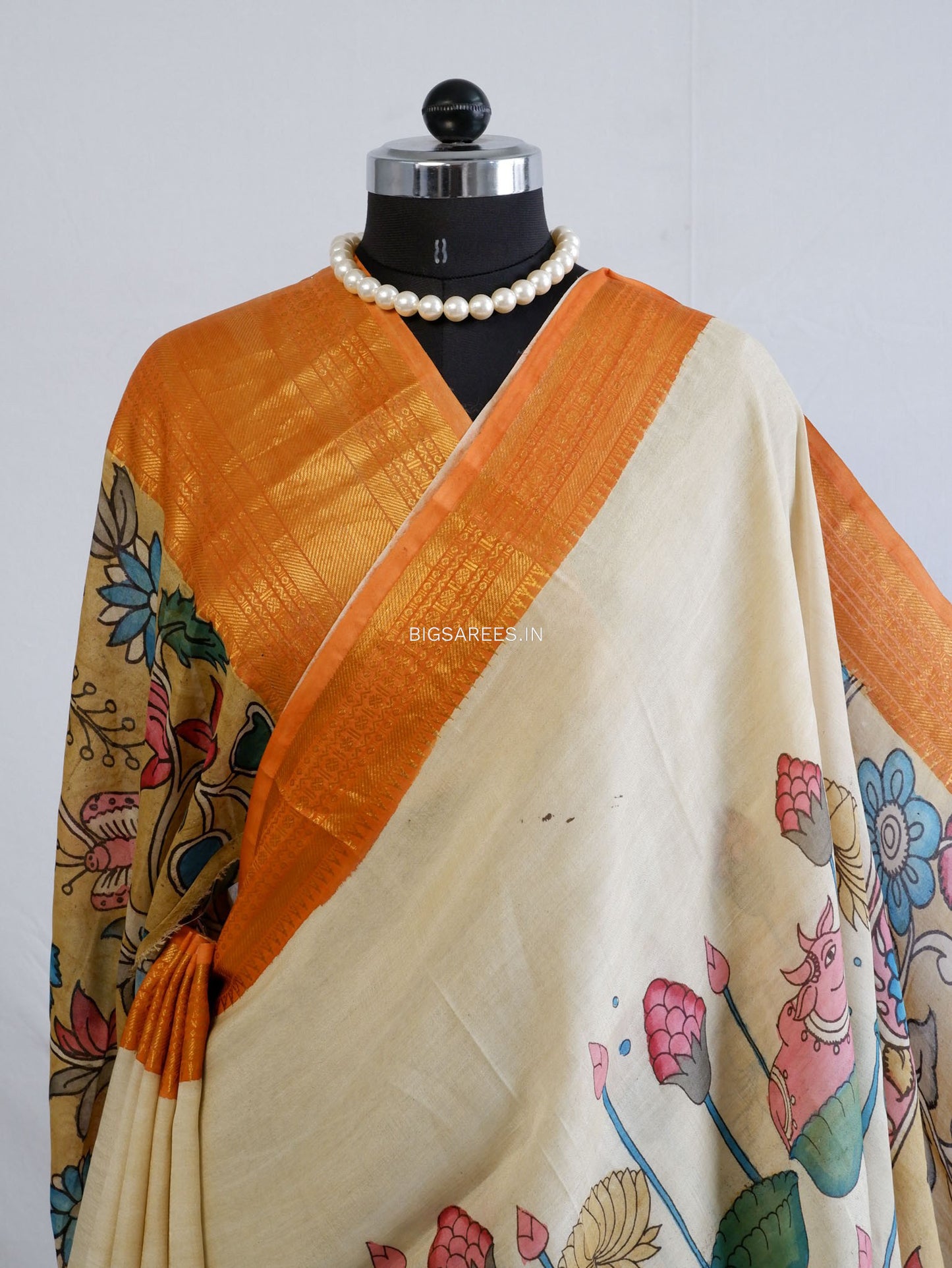 Hand-Painted Kalamkari Saree | Bangalore Silk | Dirty White