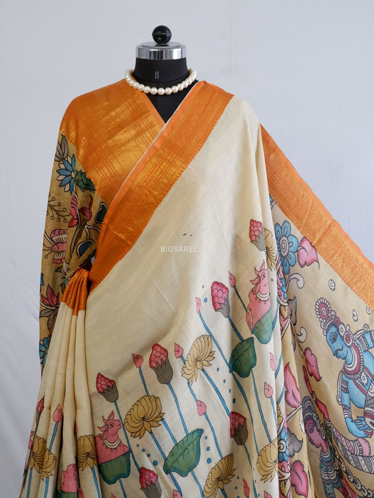 Hand-Painted Kalamkari Saree | Bangalore Silk | Dirty White