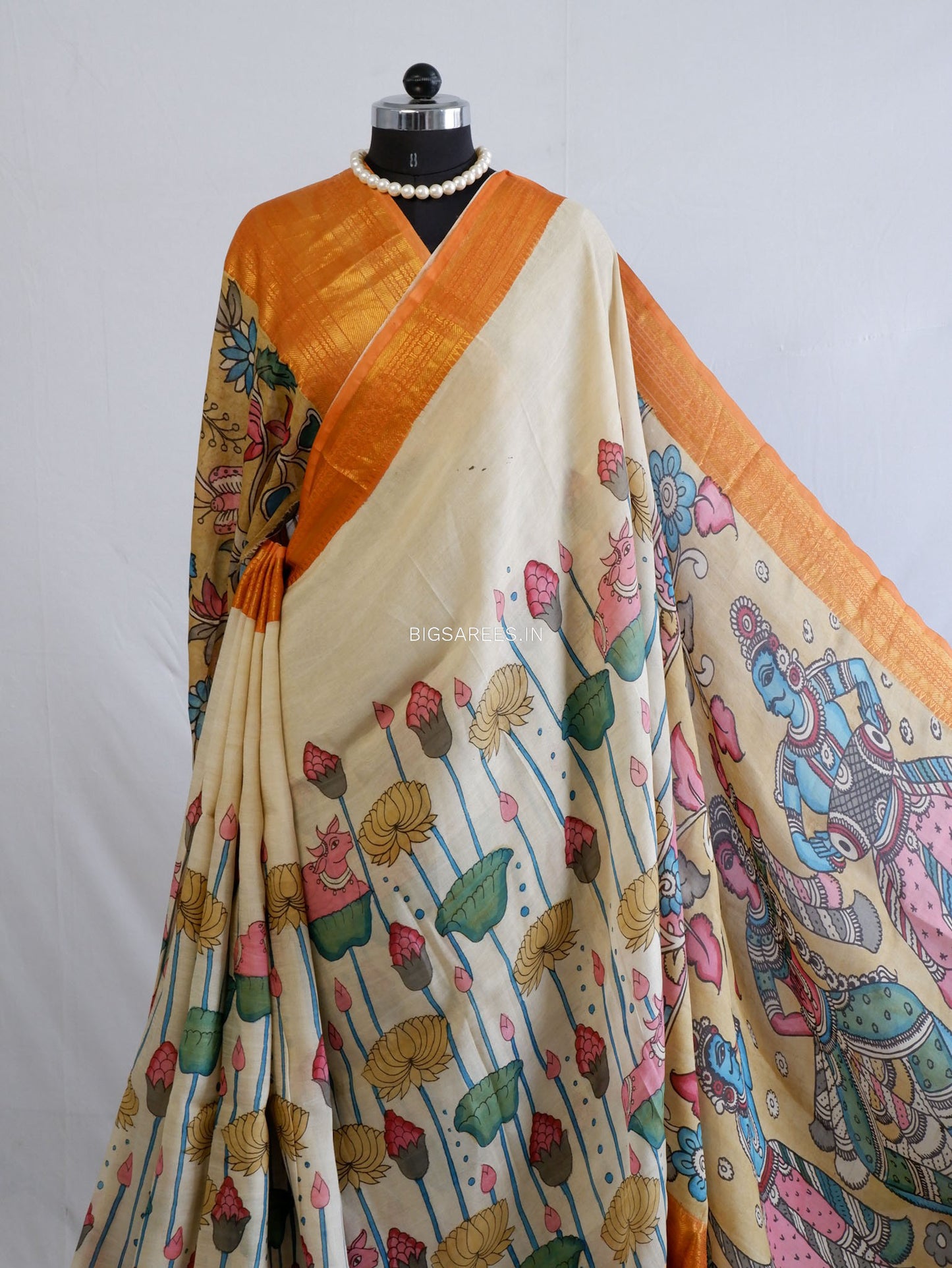 Hand-Painted Kalamkari Saree | Bangalore Silk | Dirty White