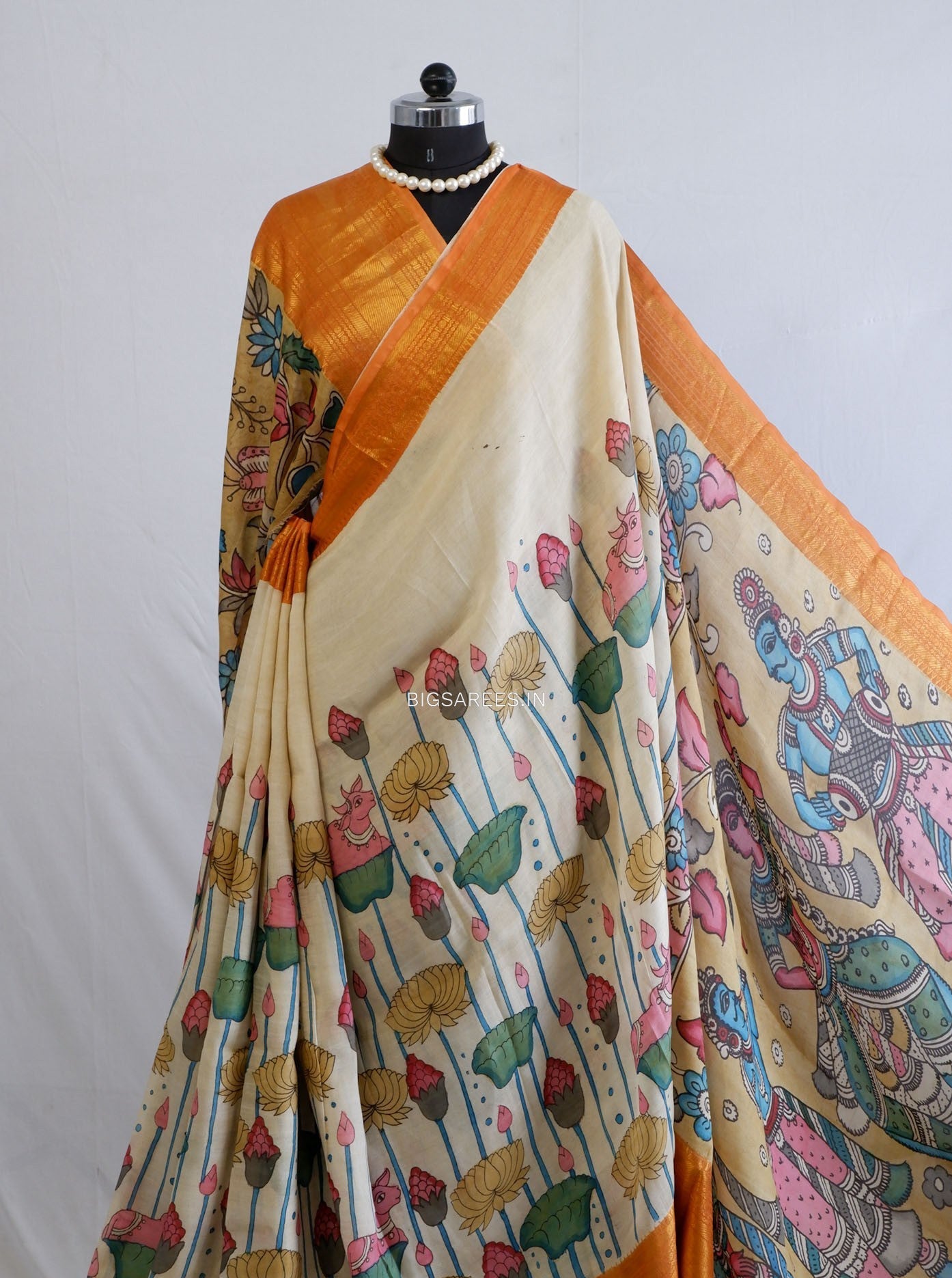 Hand-Painted Kalamkari Saree | Bangalore Silk | Dirty White