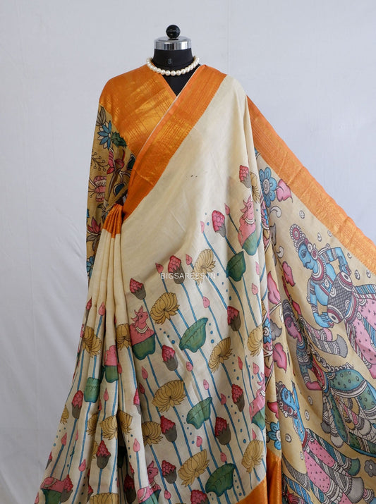 Hand-Painted Kalamkari Saree | Bangalore Silk | Dirty White