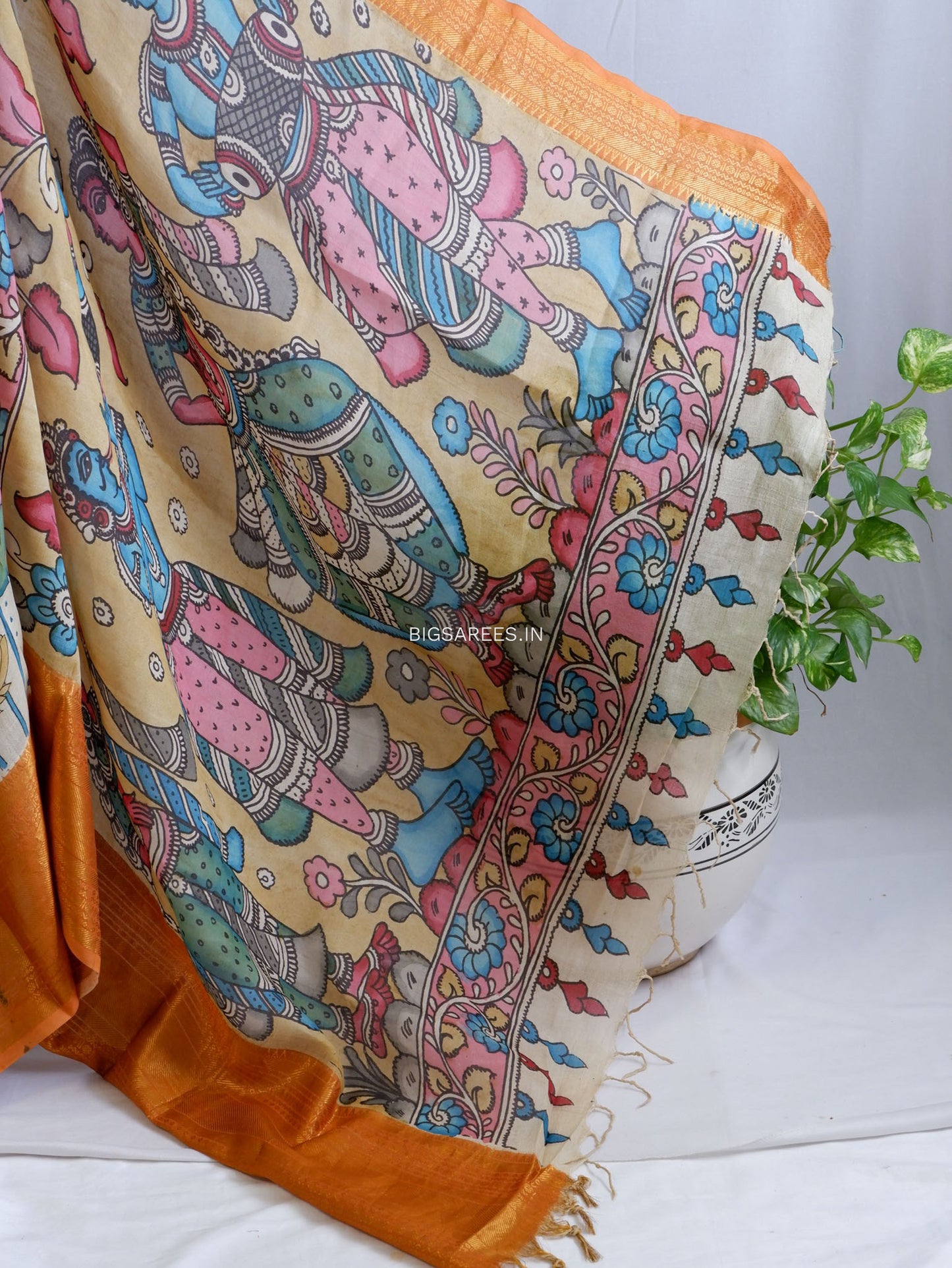 Hand-Painted Kalamkari Saree | Bangalore Silk | Dirty White