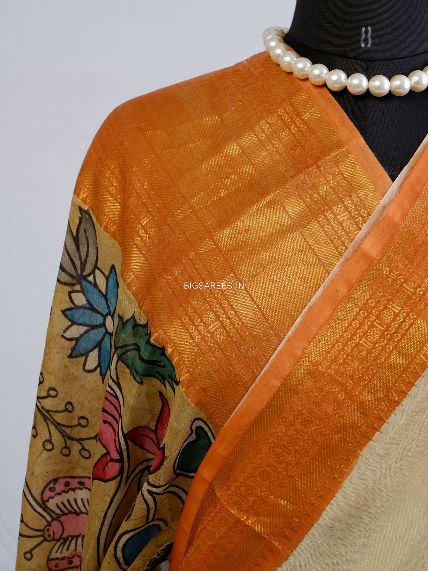 Hand-Painted Kalamkari Saree | Bangalore Silk | Dirty White