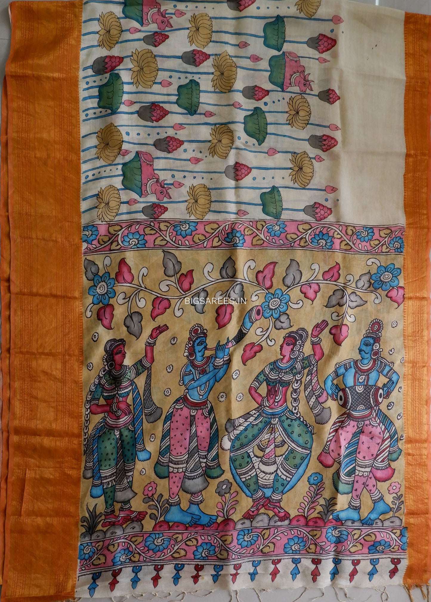 Hand-Painted Kalamkari Saree | Bangalore Silk | Dirty White