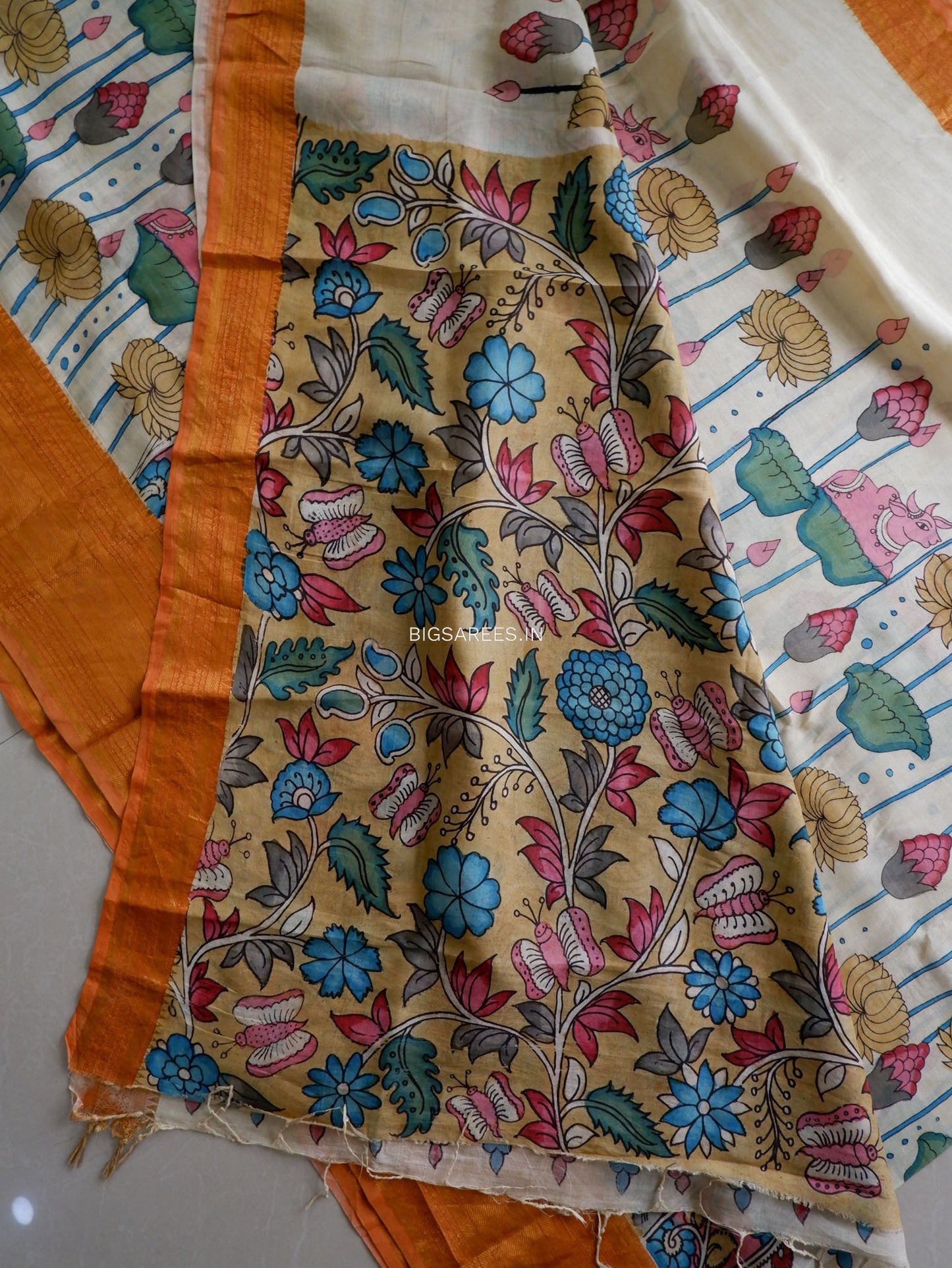 Hand-Painted Kalamkari Saree | Bangalore Silk | Dirty White