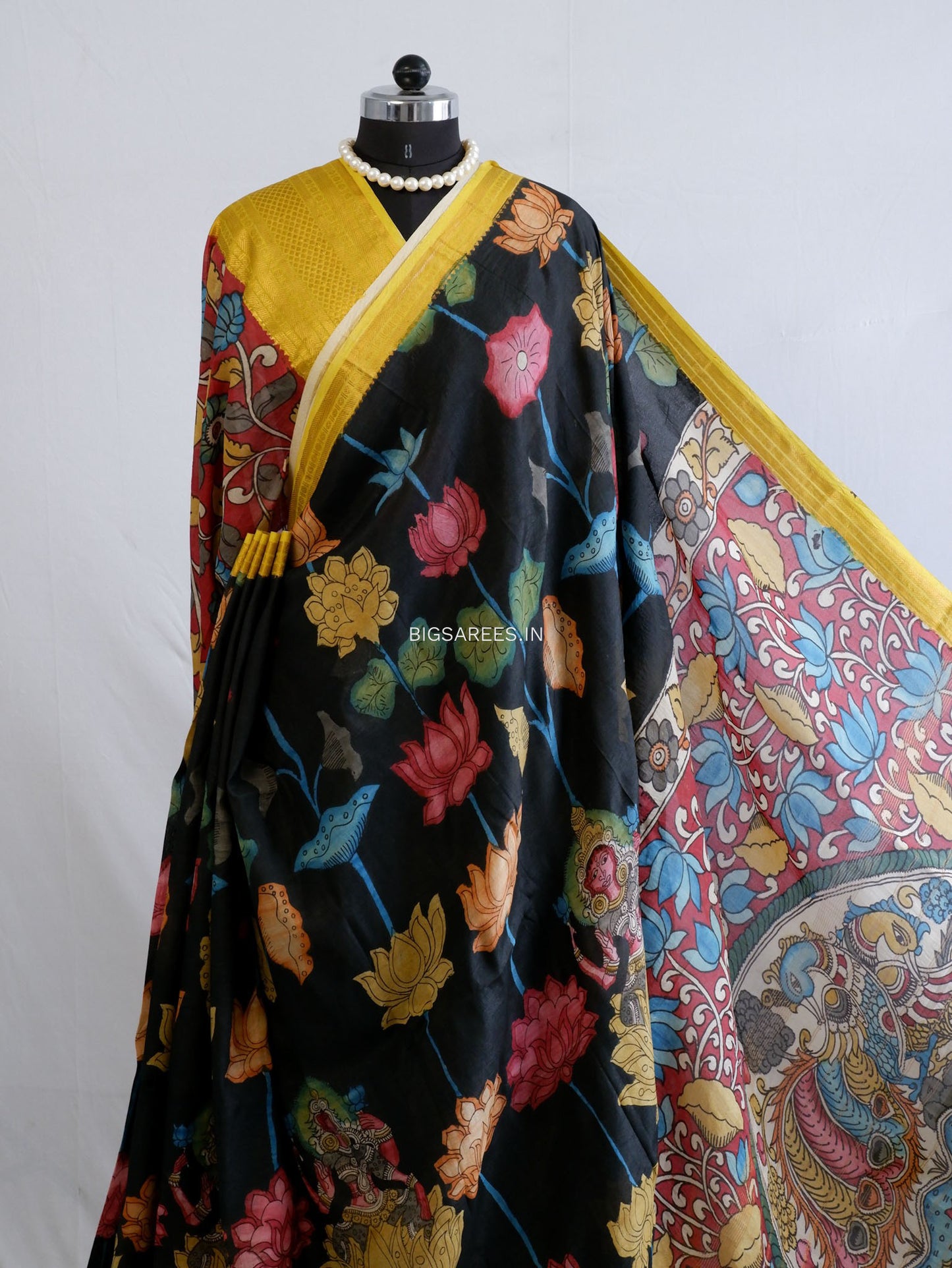 Hand-Painted Kalamkari Saree | Banglore Silk | Black