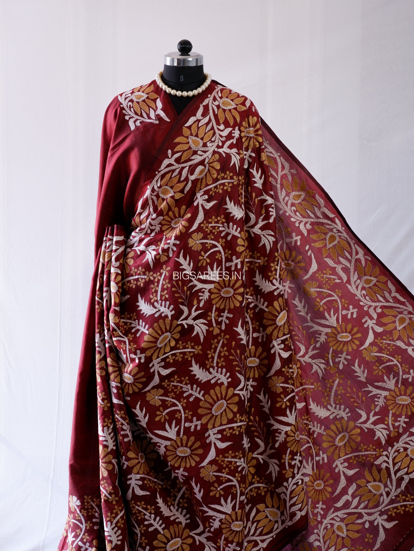 Kantha - Stitch Hand Embroidered Saree | Pure Bangalore Silk | Maroon