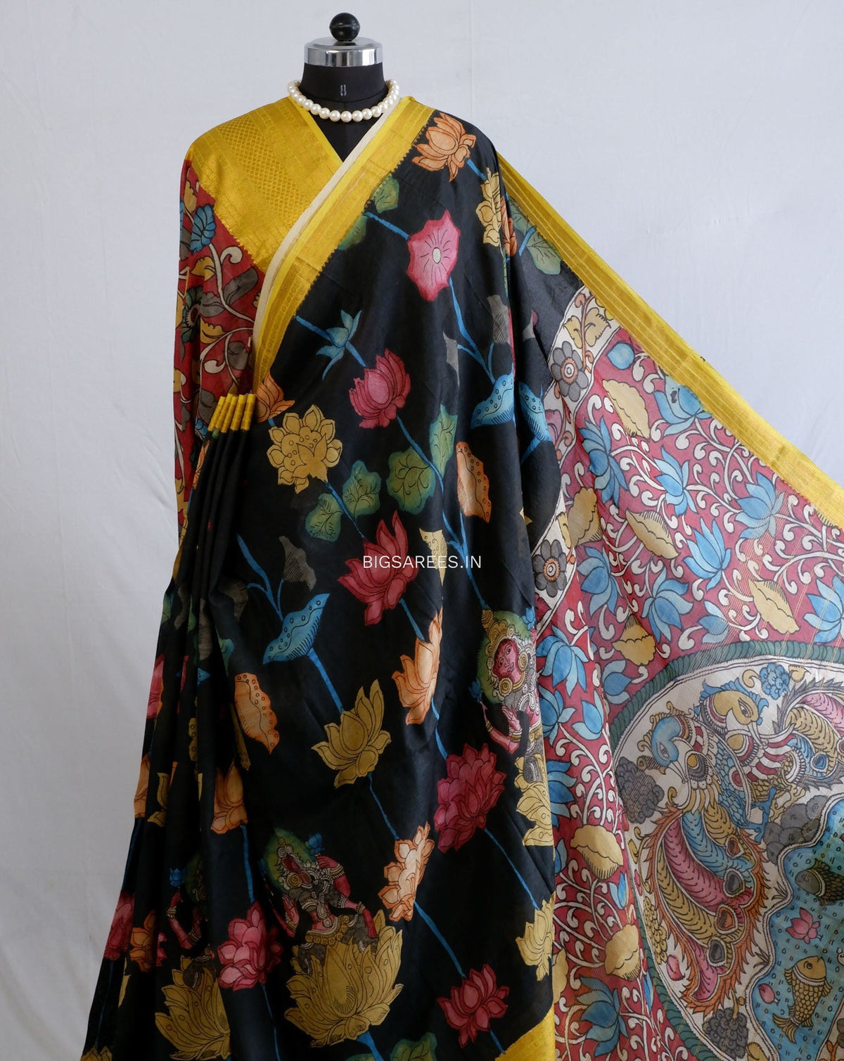 Hand-Painted Kalamkari Saree | Banglore Silk | Black