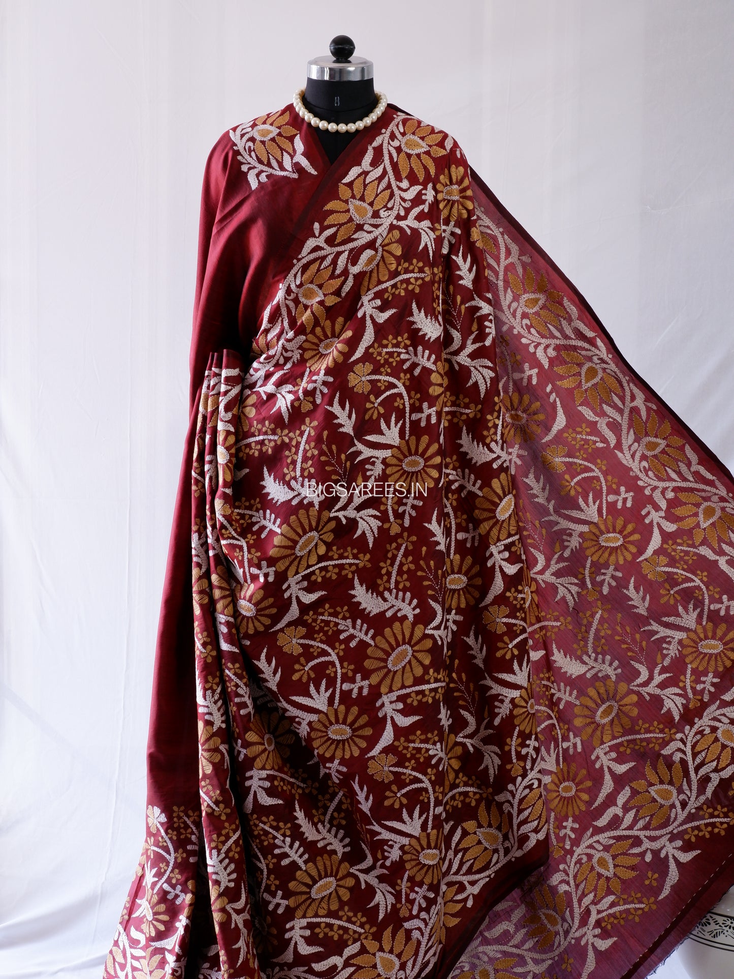 Kantha - Stitch Hand Embroidered Saree | Pure Bangalore Silk | Maroon
