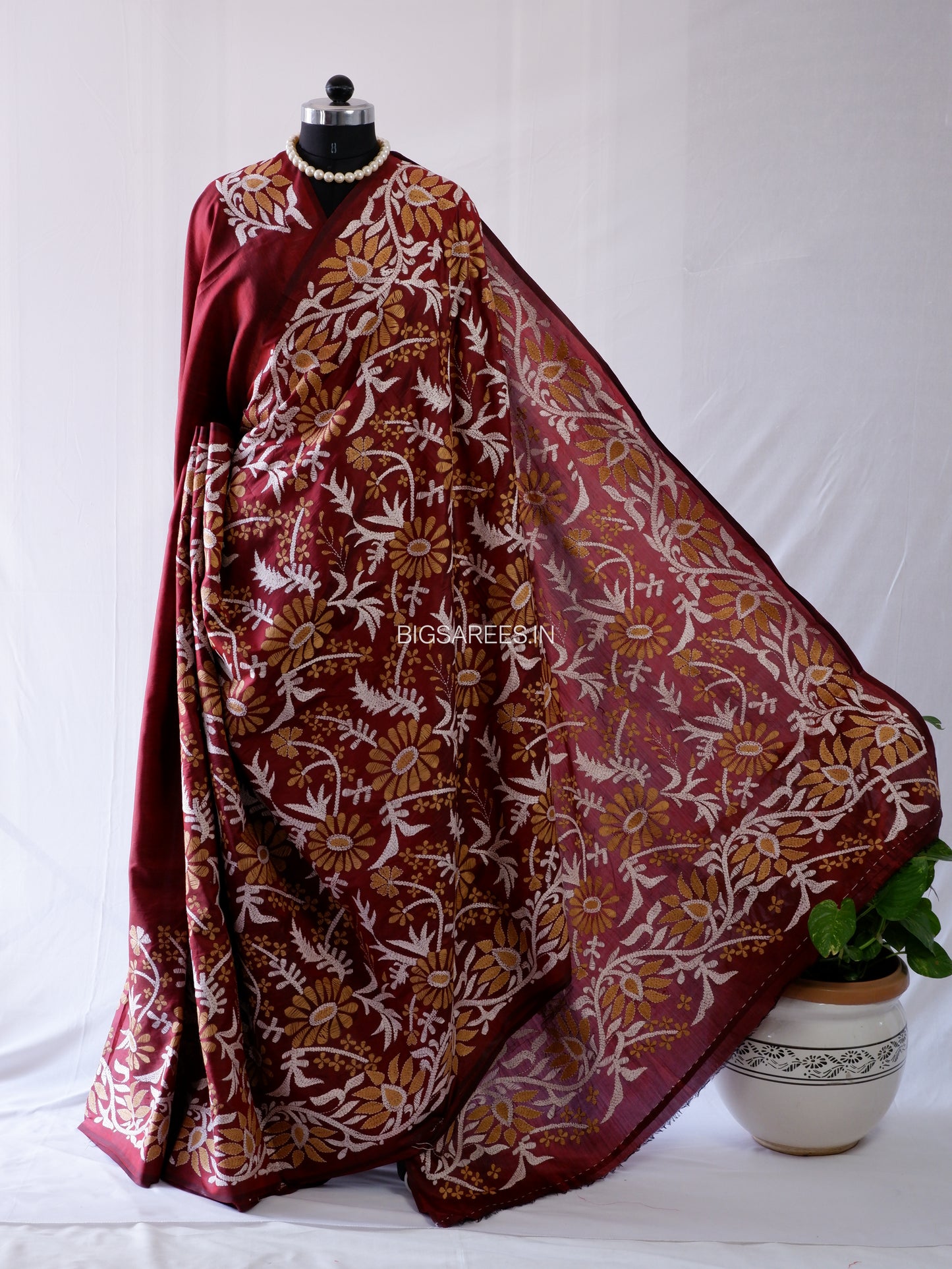 Kantha - Stitch Hand Embroidered Saree | Pure Bangalore Silk | Maroon