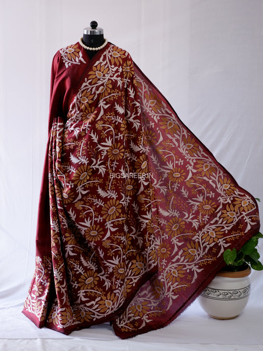 Kantha - Stitch Hand Embroidered Saree | Pure Bangalore Silk | Maroon