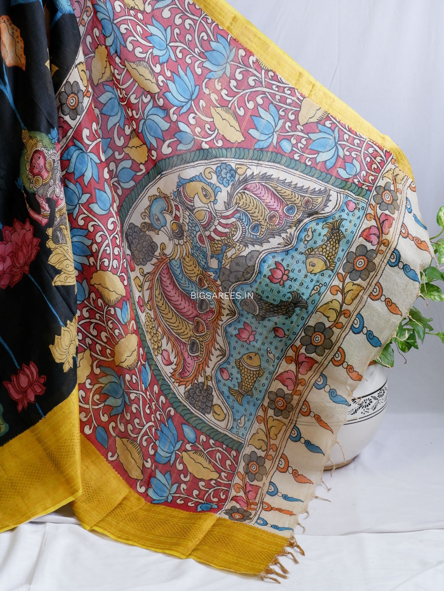 Hand-Painted Kalamkari Saree | Banglore Silk | Black